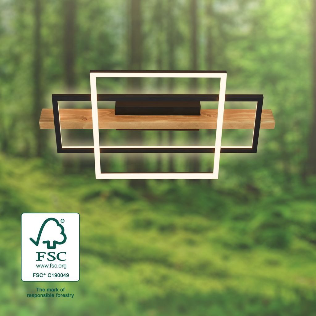 Briloner Leuchten LED Deckenleuchte Deckenlampe indirektes Licht Holz Wohnzimmer Flur 3839014, LED fest integriert, 3000K - Warmweiß, LED Deckenlampe 55x30x8 cm Schwarz-Holz 32W Wohnzimmer Schlafzimmer