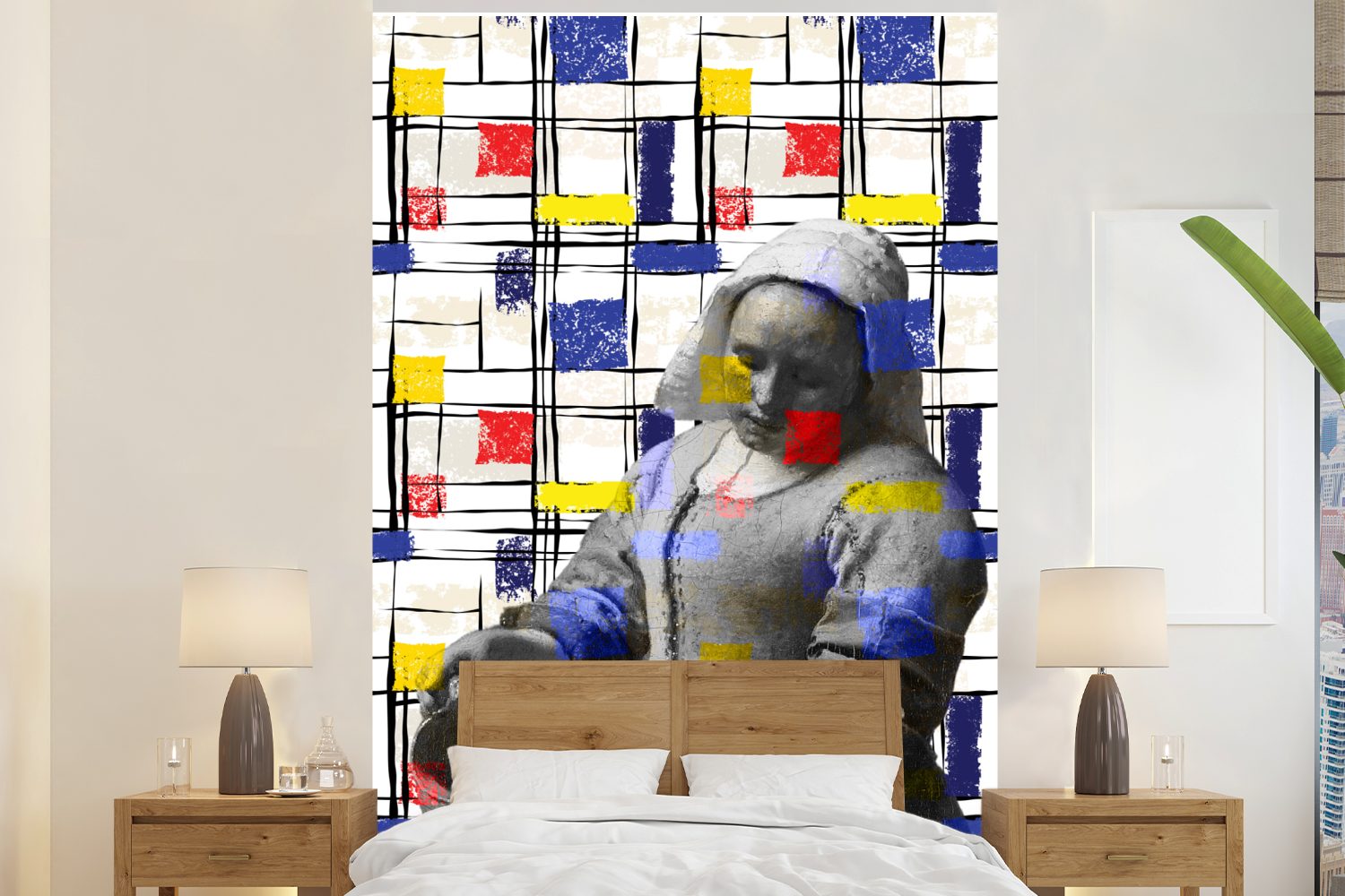 MuchoWow Fototapete Milchmädchen - Mondrian - Collage, Matt, bedruckt, (3 St), Montagefertig Vinyl Tapete für Wohnzimmer, Wandtapete