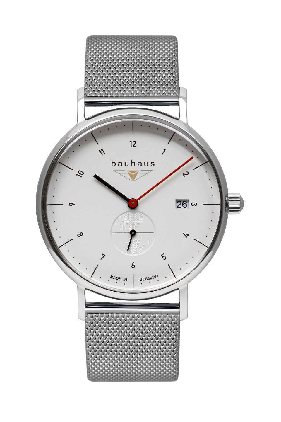 bauhaus Quarzuhr 2130M-1, Armbanduhr, Herrenuhr, Datum, Milanaisearmband, Made in Germany