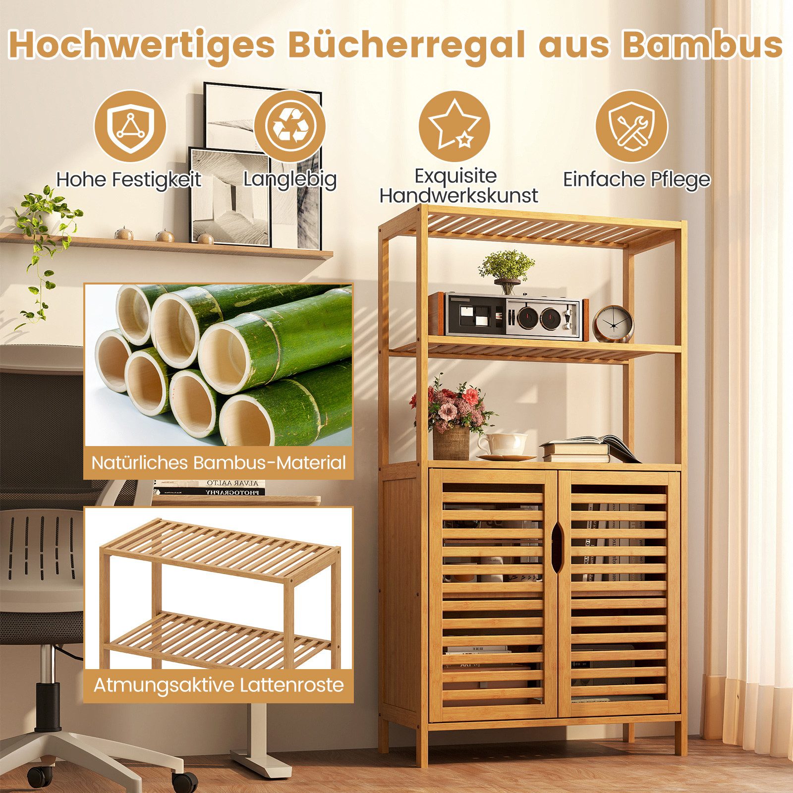 COSTWAY Bücherregal Bambus mit Lamellentüren, Vorratsschrank 60x33x116cm, Standregal – Bild 3 von 5