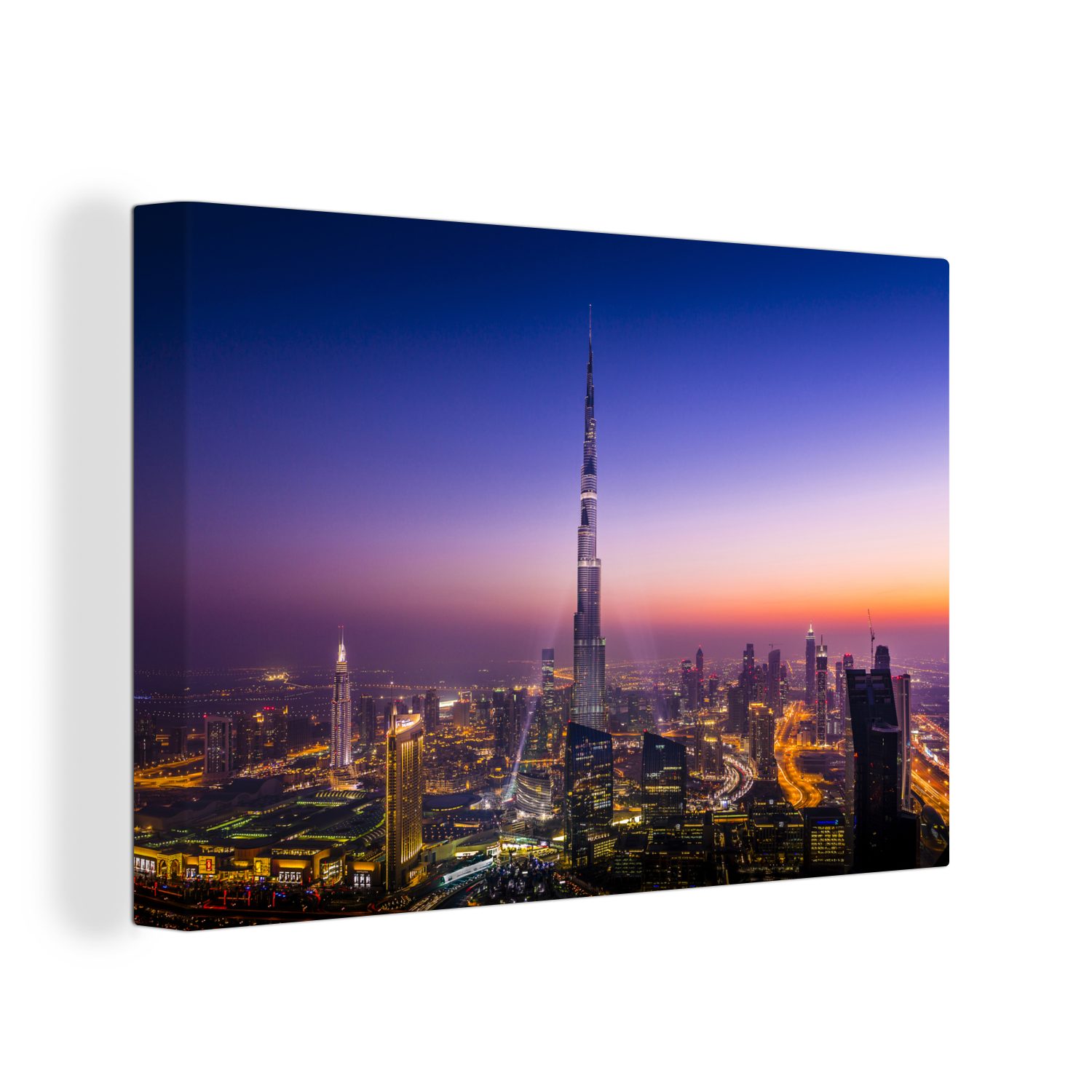 OneMillionCanvasses® Leinwandbild Bunter Himmel über Khalifa-Wolkenkratzer (1 und Burj Leinwandbilder, St), Wanddeko, cm 30x20 Dubai, Aufhängefertig, Wandbild dem