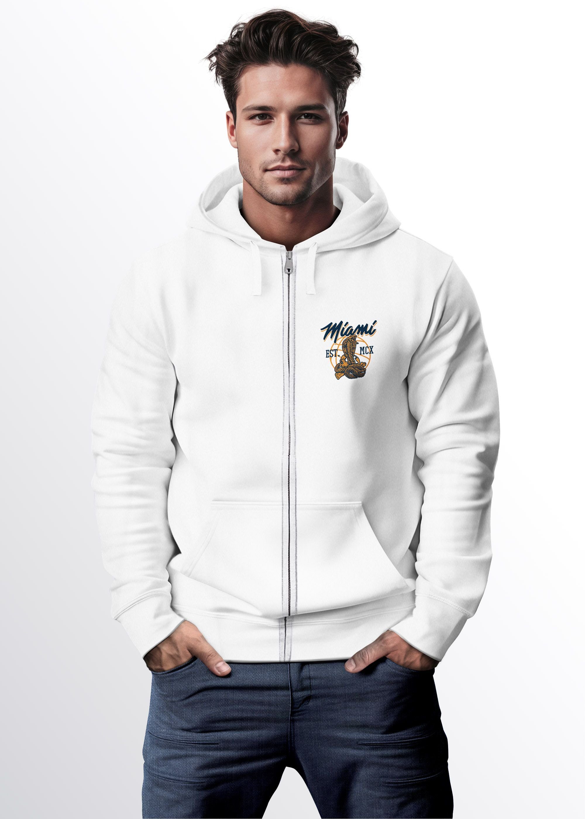 Männer Neverless Herren College USA Sweatjacke mit Miami Print Kapuze weiß Sweatjacke Zip-Hoodie