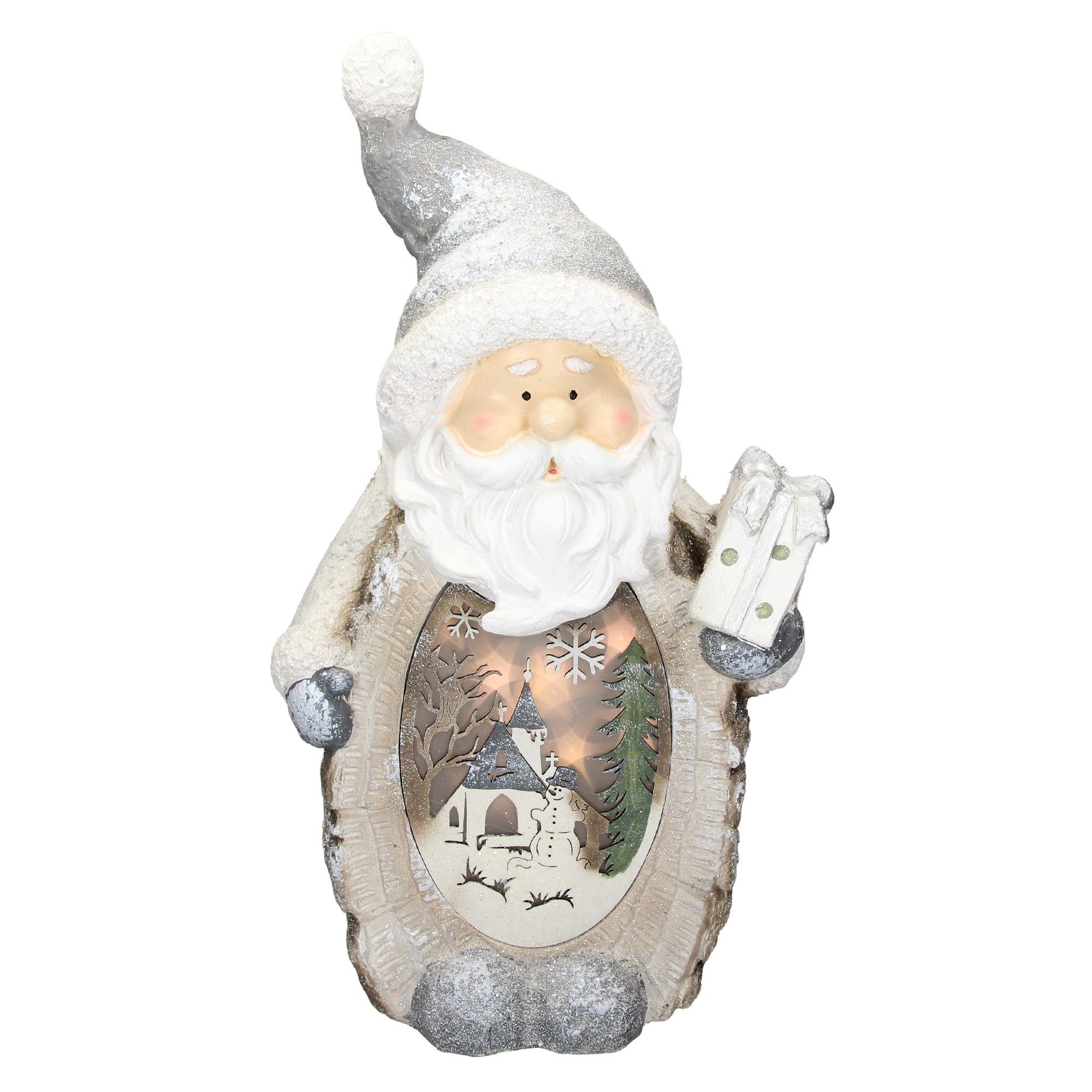 ECD Germany Weihnachtsfigur 3D Weihnachtsdekofigur Deko Aufsteller Ornament Weihnacht Dekofigur, Weihnachtsmann mit 2 LEDs für Innen Polyresin / Holzoptik Warmweiß