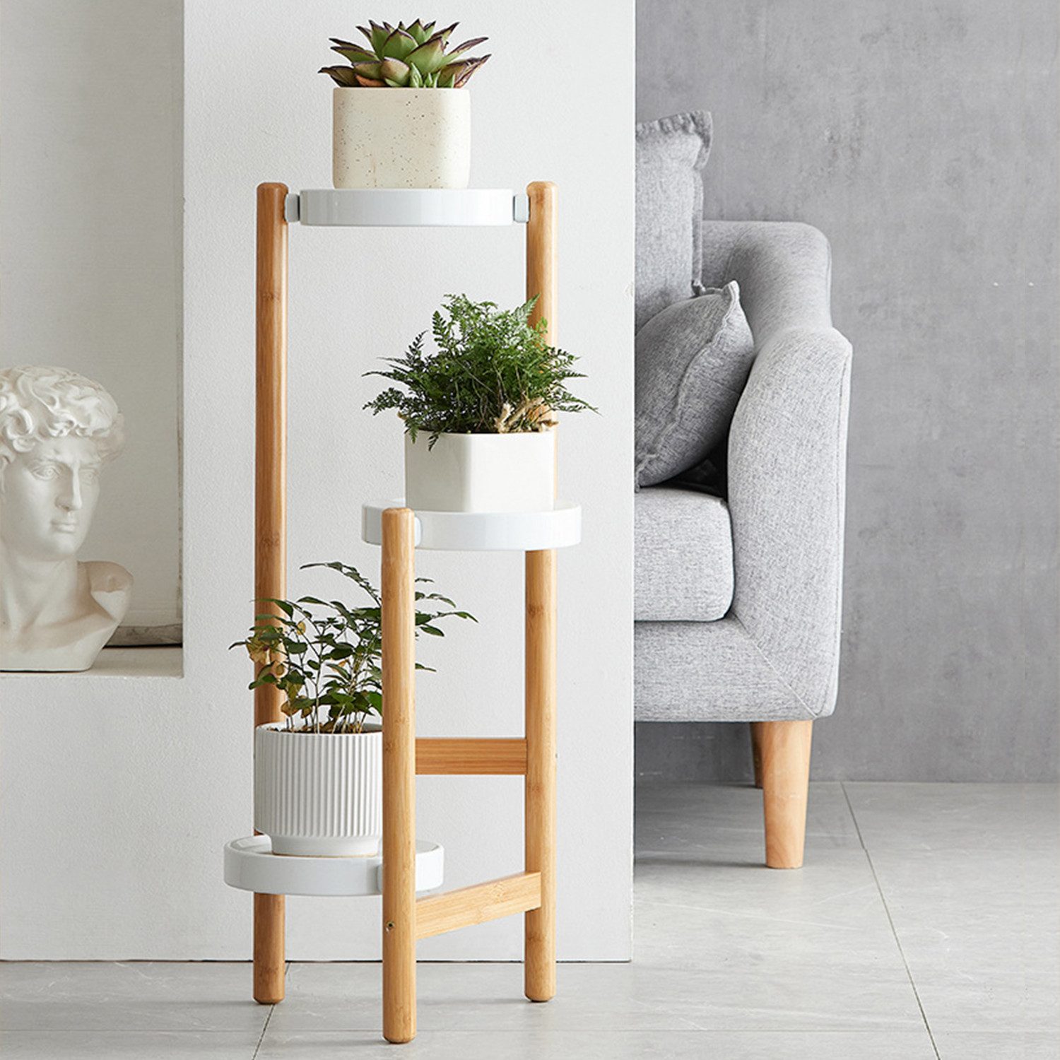 Masbekte Blumenständer Holz 3 Ebenen Pflanzenregal rund, 71cm Höhe, 18