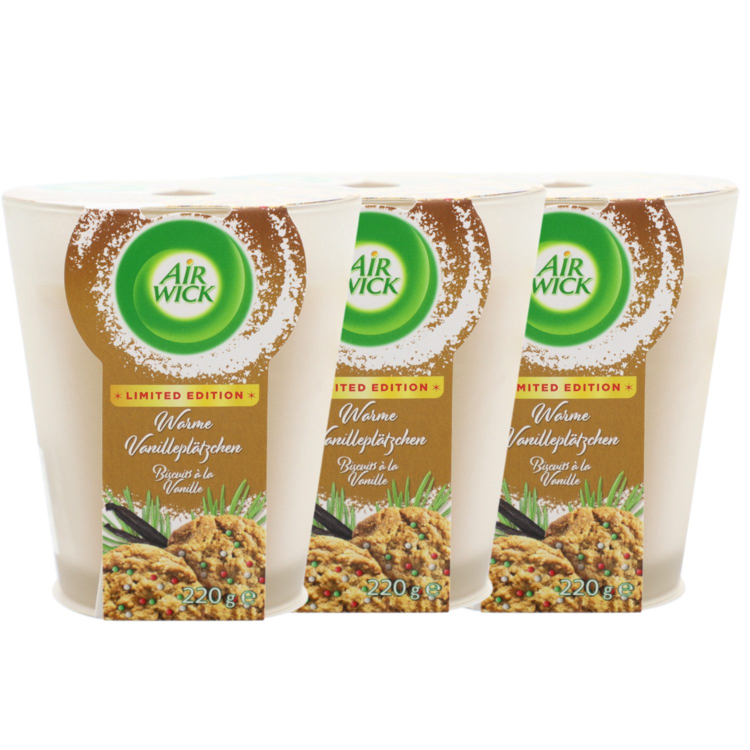 Air Wick Duftkerze 3x Air Wick Wohlfühl Duftkerze Warme Vanilleplätzchen im Glas je 220g