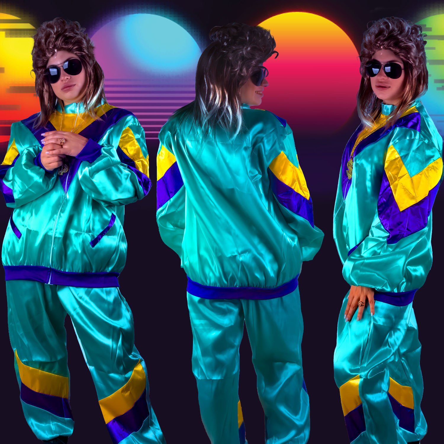 80er Jahre Vokuhila Kostüm Set – 4-in-1 Assi-Outfit Mit Perücke, Goldkette & Brille Für Karneval
