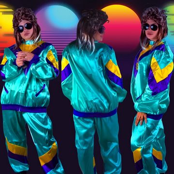 Goods+Gadgets Kostüm 80er Outfit Vokuhila Komplett-Set, mit Proll Trainingsanzug, Perücke, Ring Goldkette und Sonnenbrille