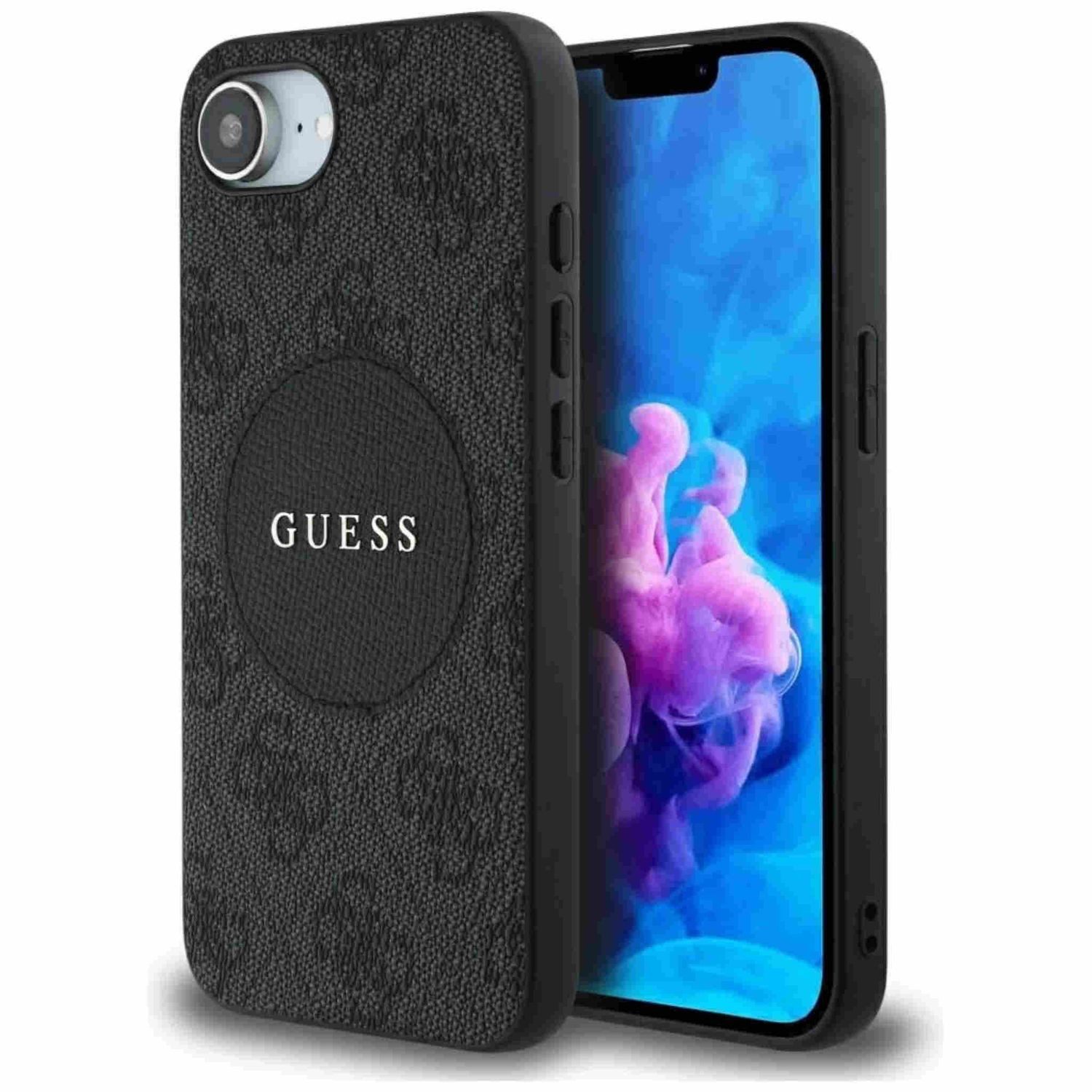 Guess Smartphone-Hülle Guess Apple iPhone 16e Circle Classic Logo MagSafe Hülle Case Schwarz