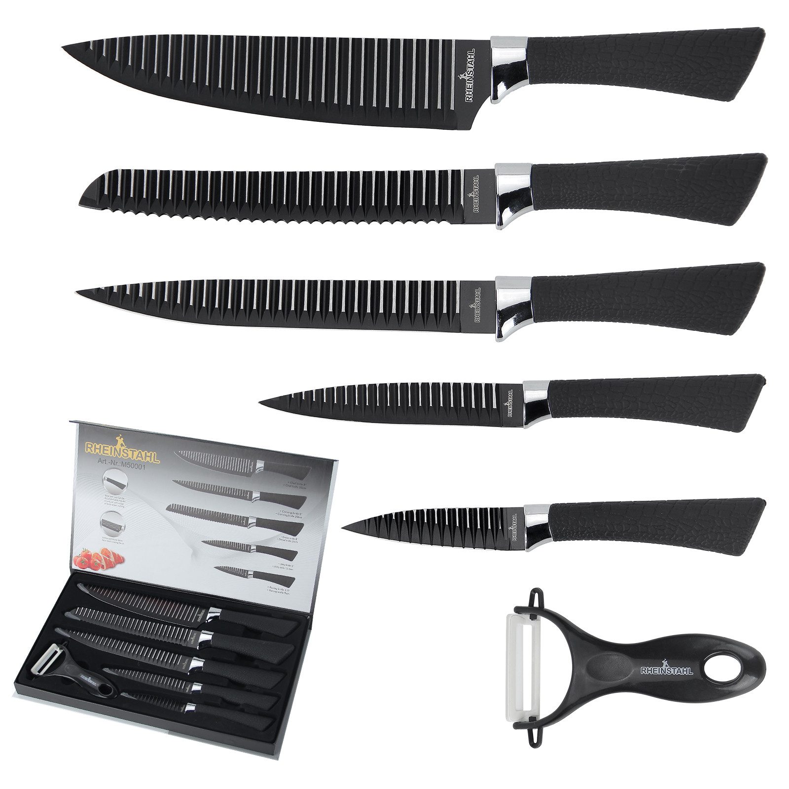 RHEINSTAHL Messer-Set 6 teilig Messerset Küchenmesser Set Profi Kochmesser (Set, 6-tlg., Ausbeinmesser, Brotmesser, Schälmesser, Kochmesser, Universalmesser), Edelstahl hochwertiges SelbstschärfenMesser Küchenmesser Set