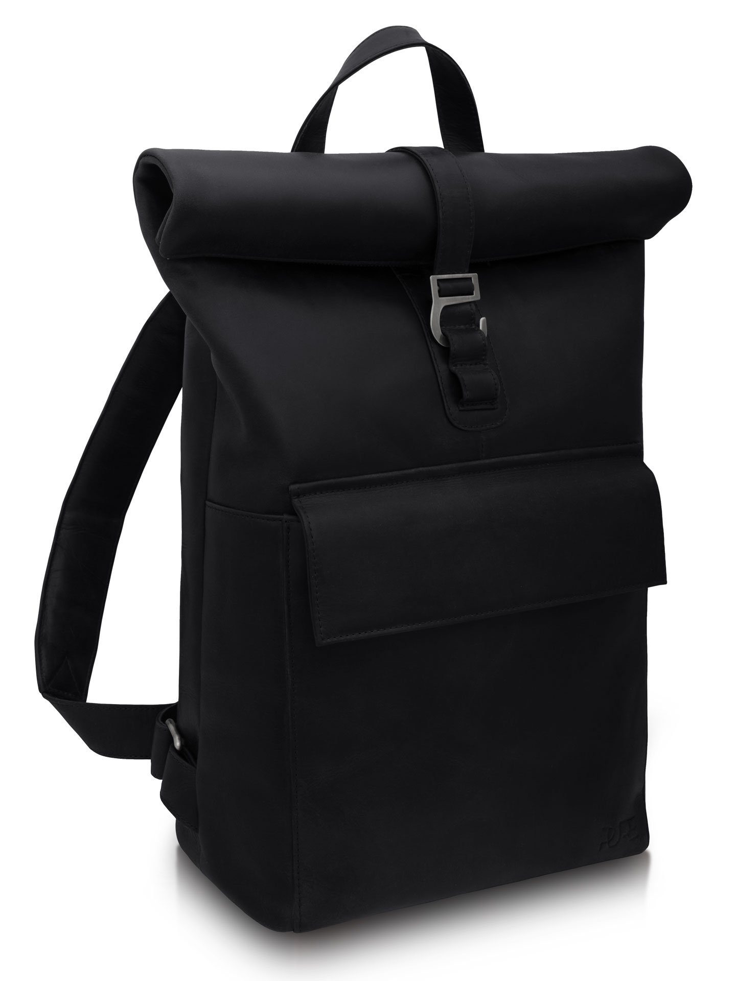 PURE Studios Laptoprucksack Rucksack POLIS Midnight Black, Echtleder Rolltop Backpack Lederrucksack für Notebooks bis 15,6 Zoll