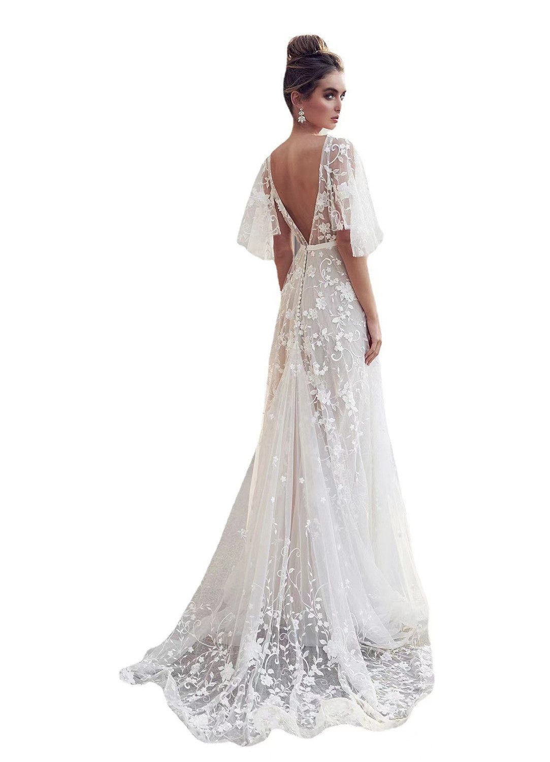 FIDDY Abendkleid Kleid mit tiefem V-Ausschnitt – Abendkleid aus Spitze –Brautkleid