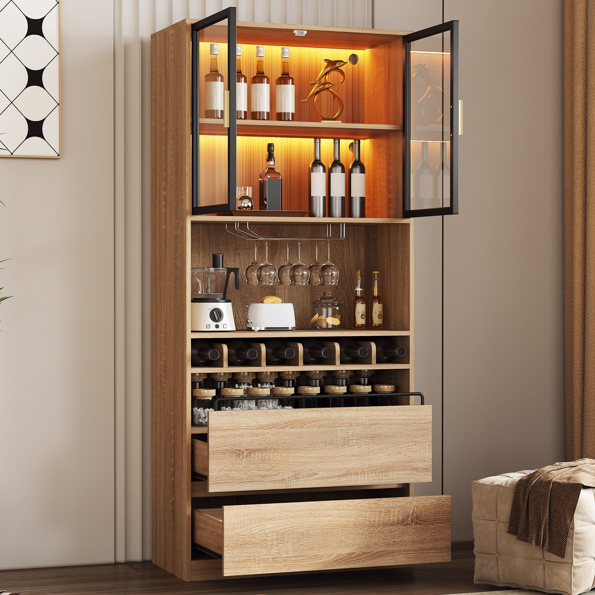 MODFU Highboard mit Glastüren (Vitrinenschrank, Badezimmerschrank, 1 St., einfache Montage), mit LED-Beleuchtung, modernes Design für Badezimmer und Wohnräume