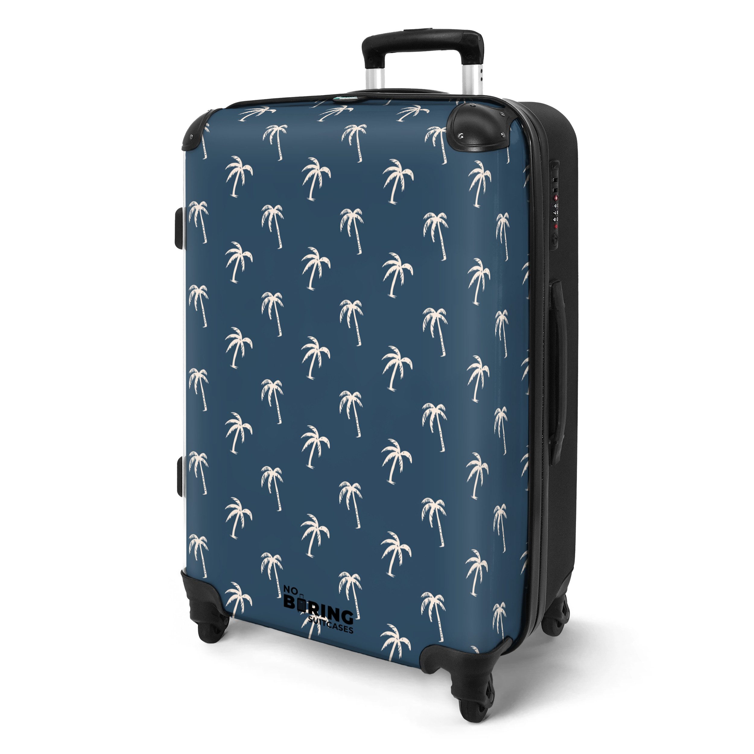 NoBoringSuitcases.com© Hartschalen-Trolley Blau mit beigem Palmenaufdruck günstig online kaufen