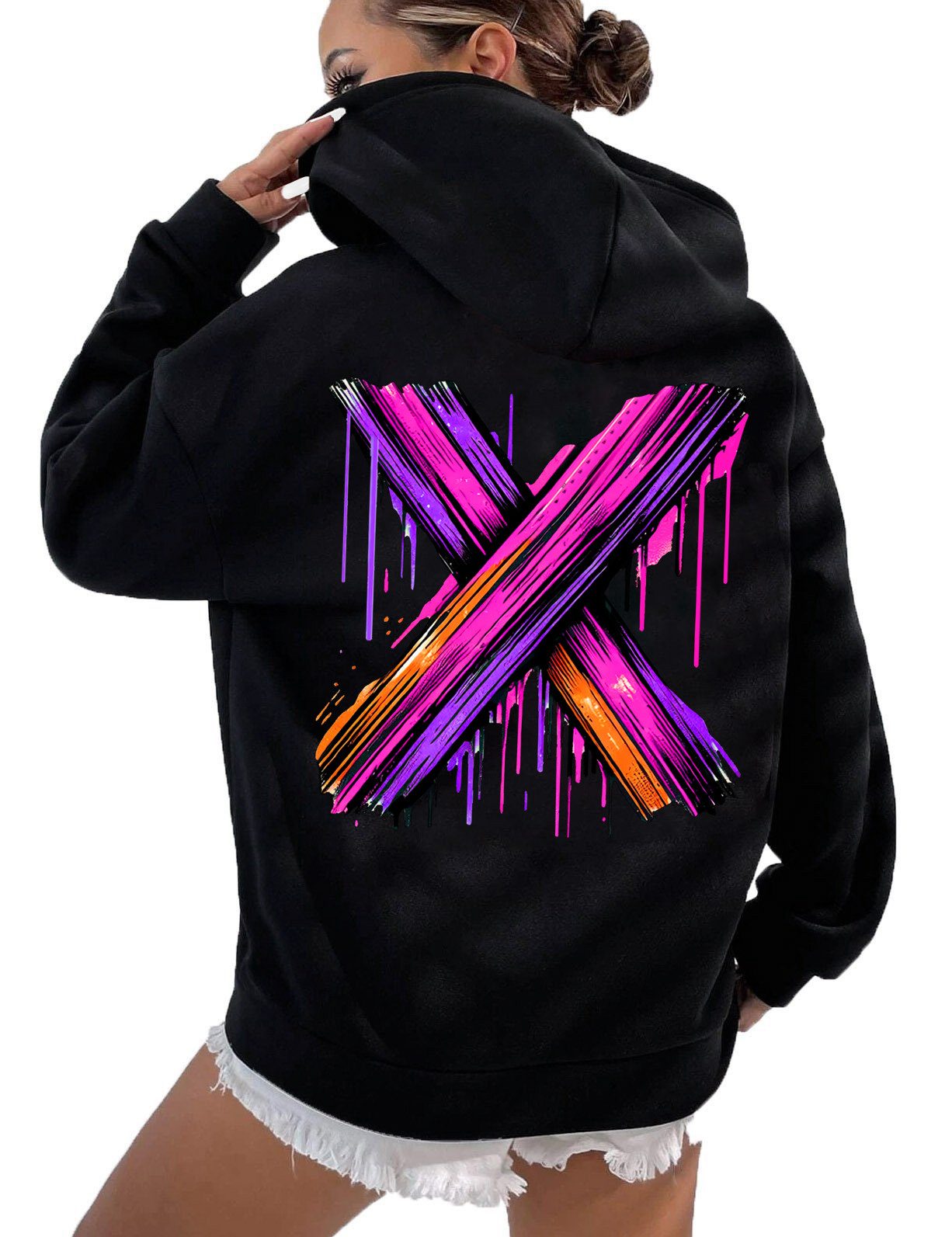 RMK Hoodie Damen Kapuzenpullover Pullover Basic Oversize Pulli mit X Print