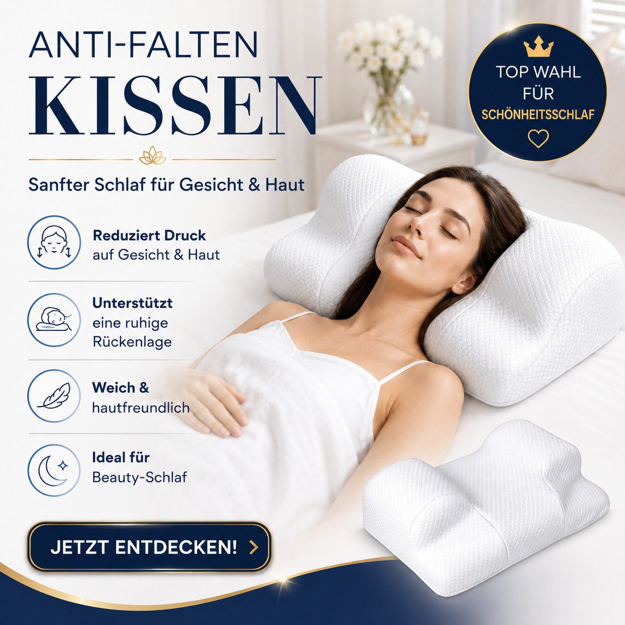 RelaxSleep Schlafkissen Ergonomisches Anti-Falten-Kissen für Rückenschläfer und Beauty-Schlaf