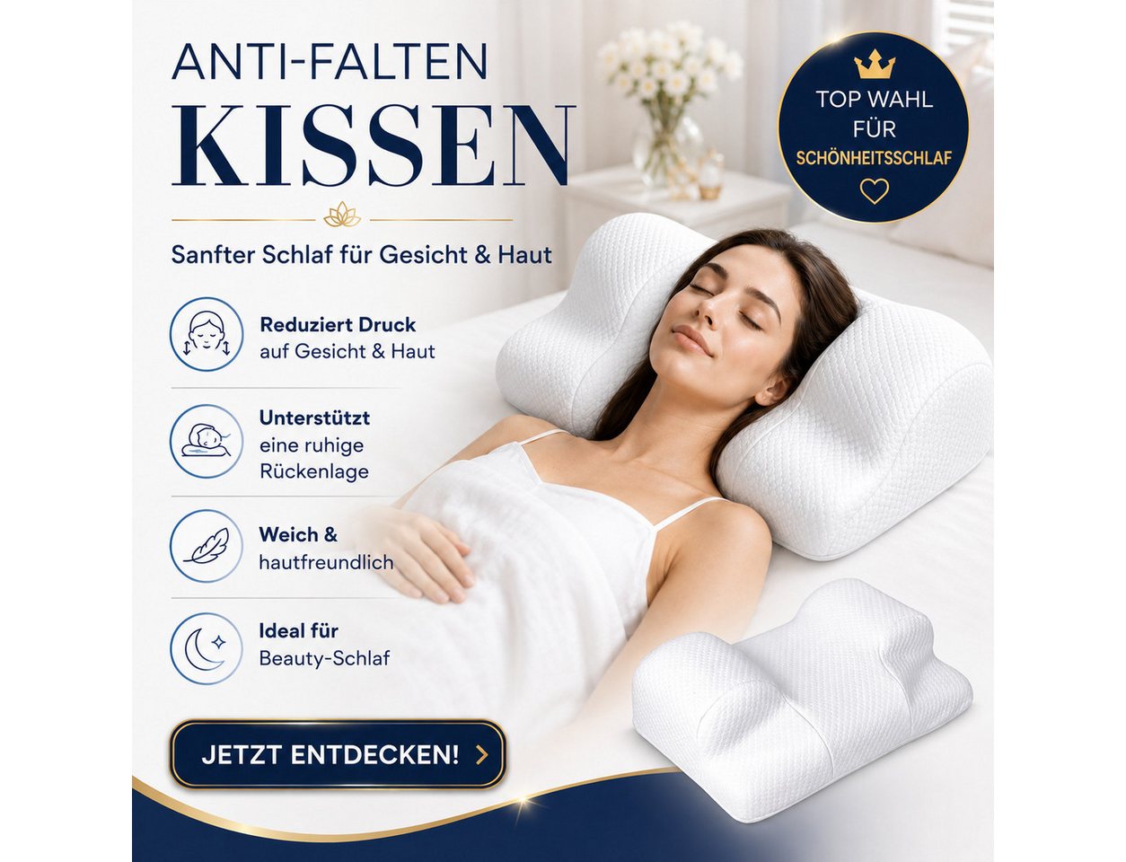 RelaxSleep Schlafkissen Ergonomisches Anti-Falten-Kissen für Rückenschläfer und Beauty-Schlaf