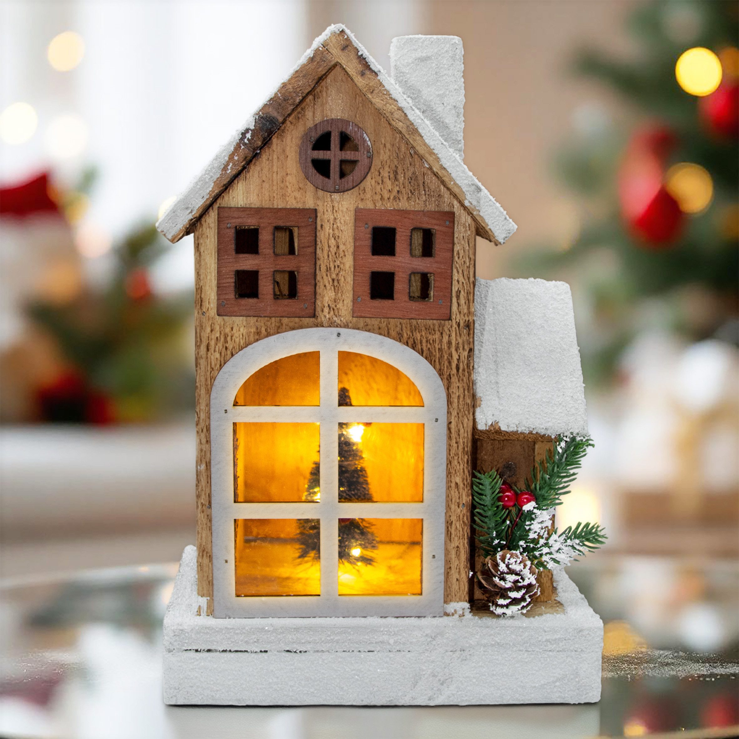 Spetebo Weihnachtshaus Haus mit Schneedach + LED - Weihnachtshaus 19x29cm, Lichterhaus Batterie betrieben