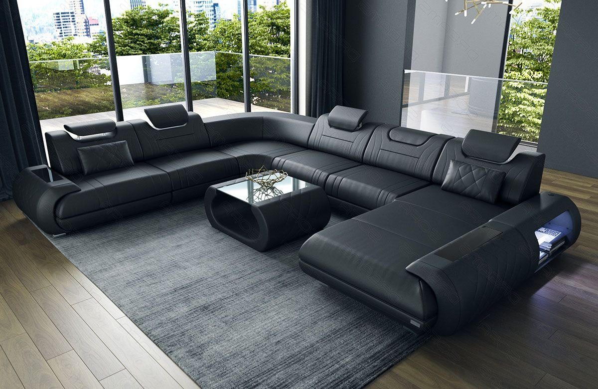 Sofa Dreams Wohnlandschaft Sofa Ledercouch Leder Rimini XXL U Form Ledersofa, Couch, mit LED, wahlweise mit Bettfunktion als Schlafsofa, Designersofa