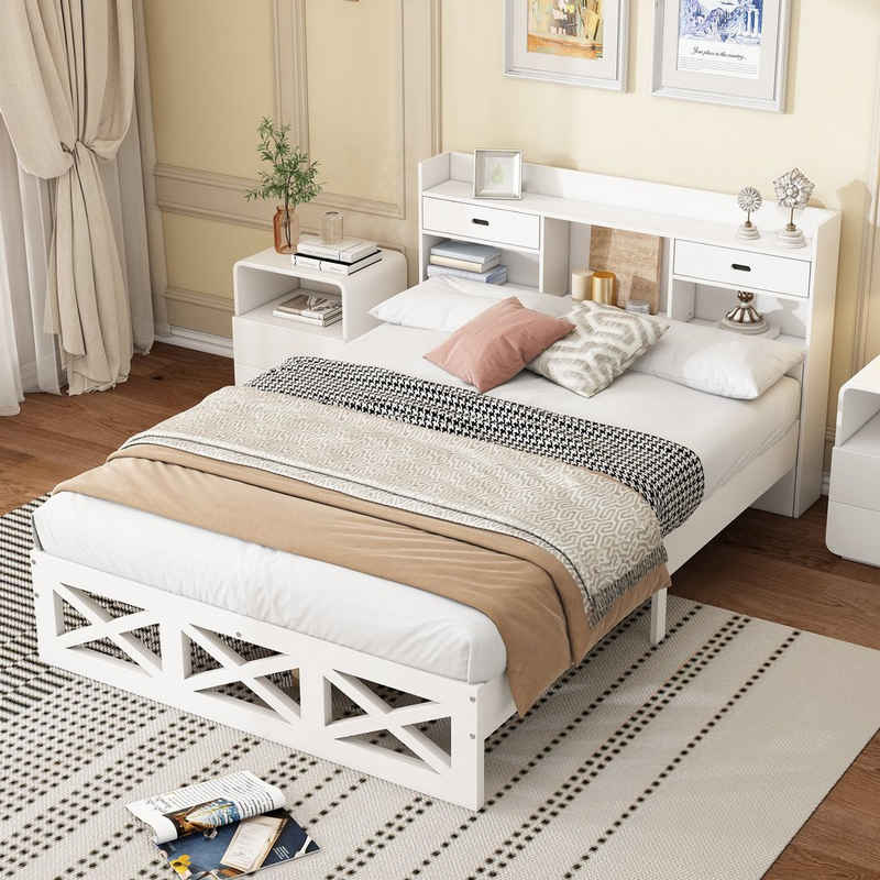 OKWISH Holzbett Doppelbett mit Holz Lattenroste, mit Aufbewahrungsfunktion (MDF + Mehrschichtplatte, 140x200cm), ohne Matratze