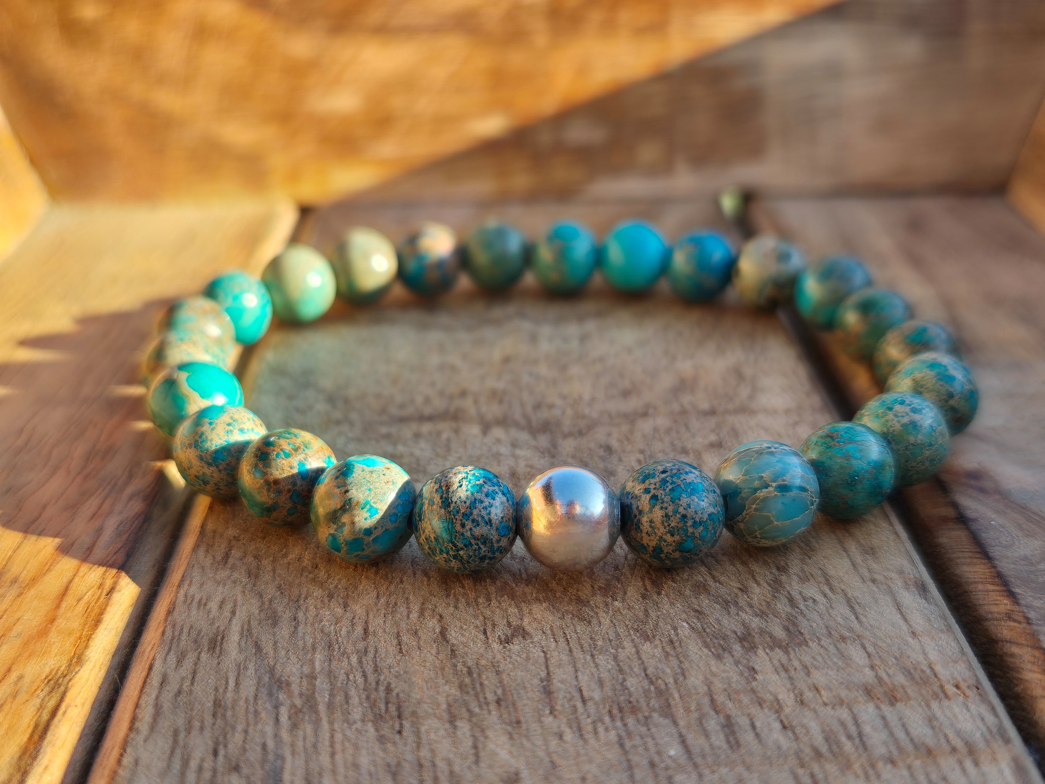 NAHLE Perlenarmband Variscit mit 925 Silberperle Naturstein Armband (inkl. Schmuckbox), dehnbar - mit 925 Silberperle - in vielen Größen erhältlich