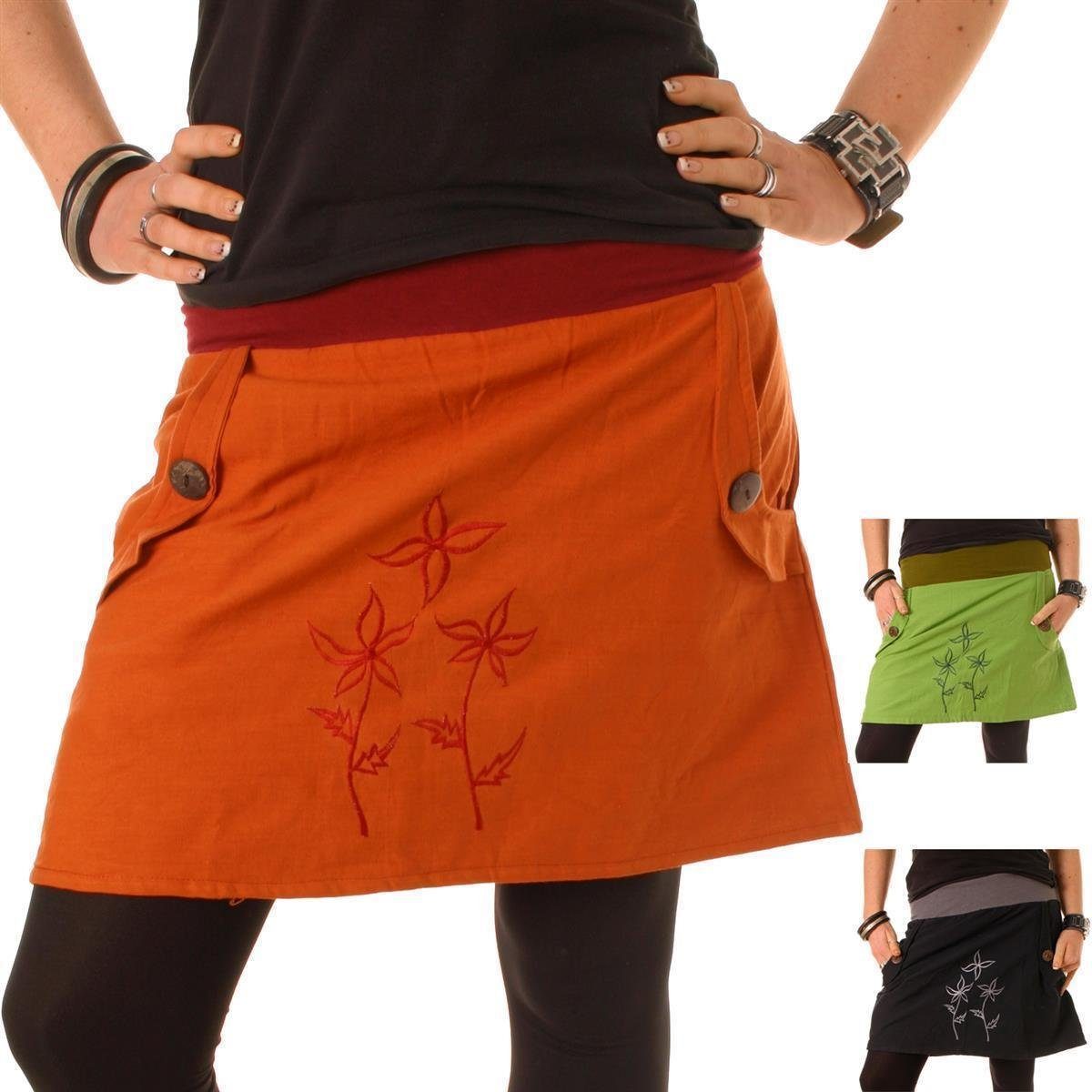 Taschen Hippie, Vishes Boho, Minirock Tiefrot-Orange Goa breiter Blumen Bund Style Baumwollrock Stickerei