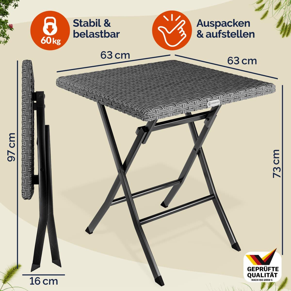 Casaria Gartentisch, Polyrattan 65x65cm Platzsparend Klappbar Tragbar 60kg Belastbarkeit