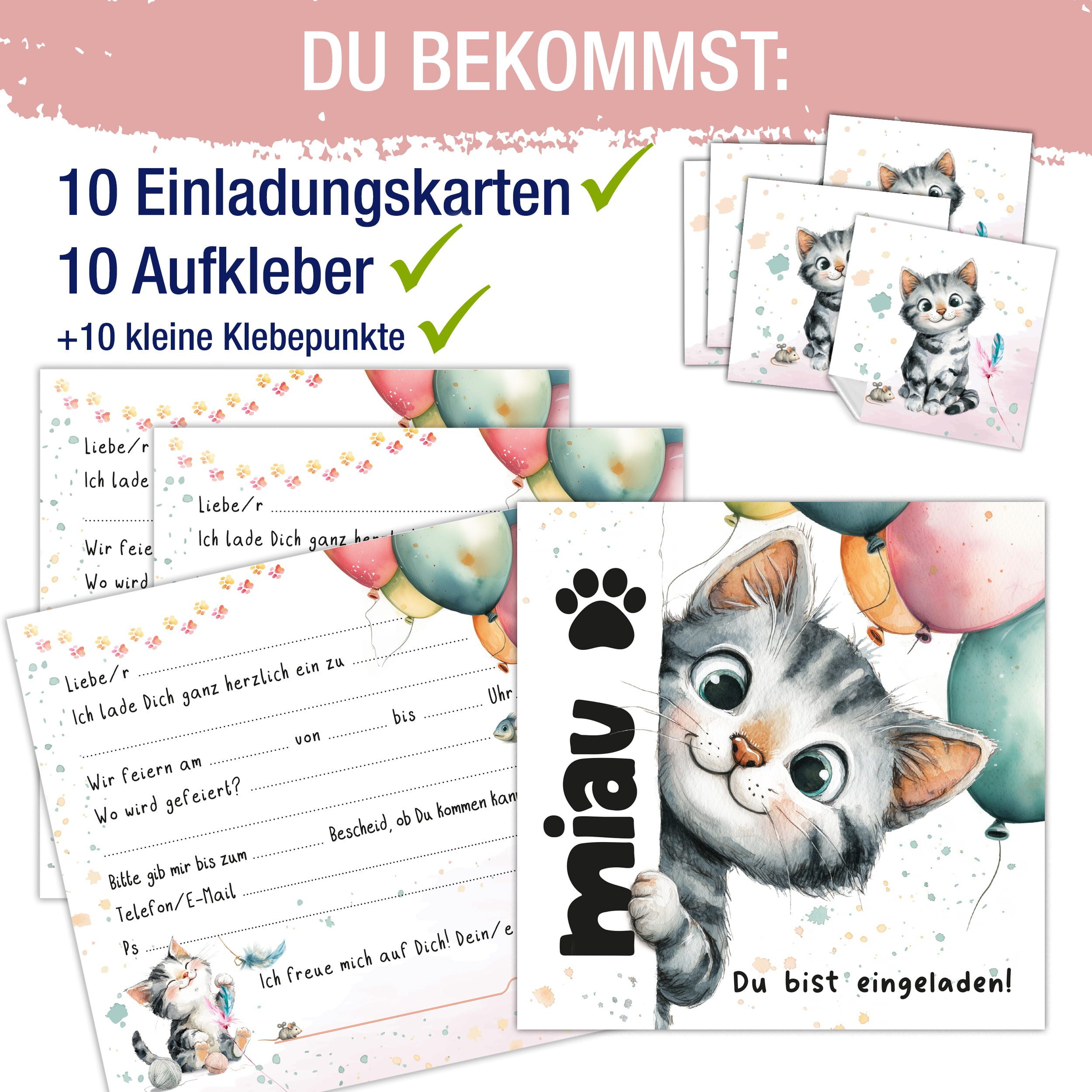TOBJA Einladungskarten XXL Einladungskarten Katze 10er Set 14,8cm inkl Sticker, Kindergeburtstag Mädchen Geburtstag Einladung Kinder