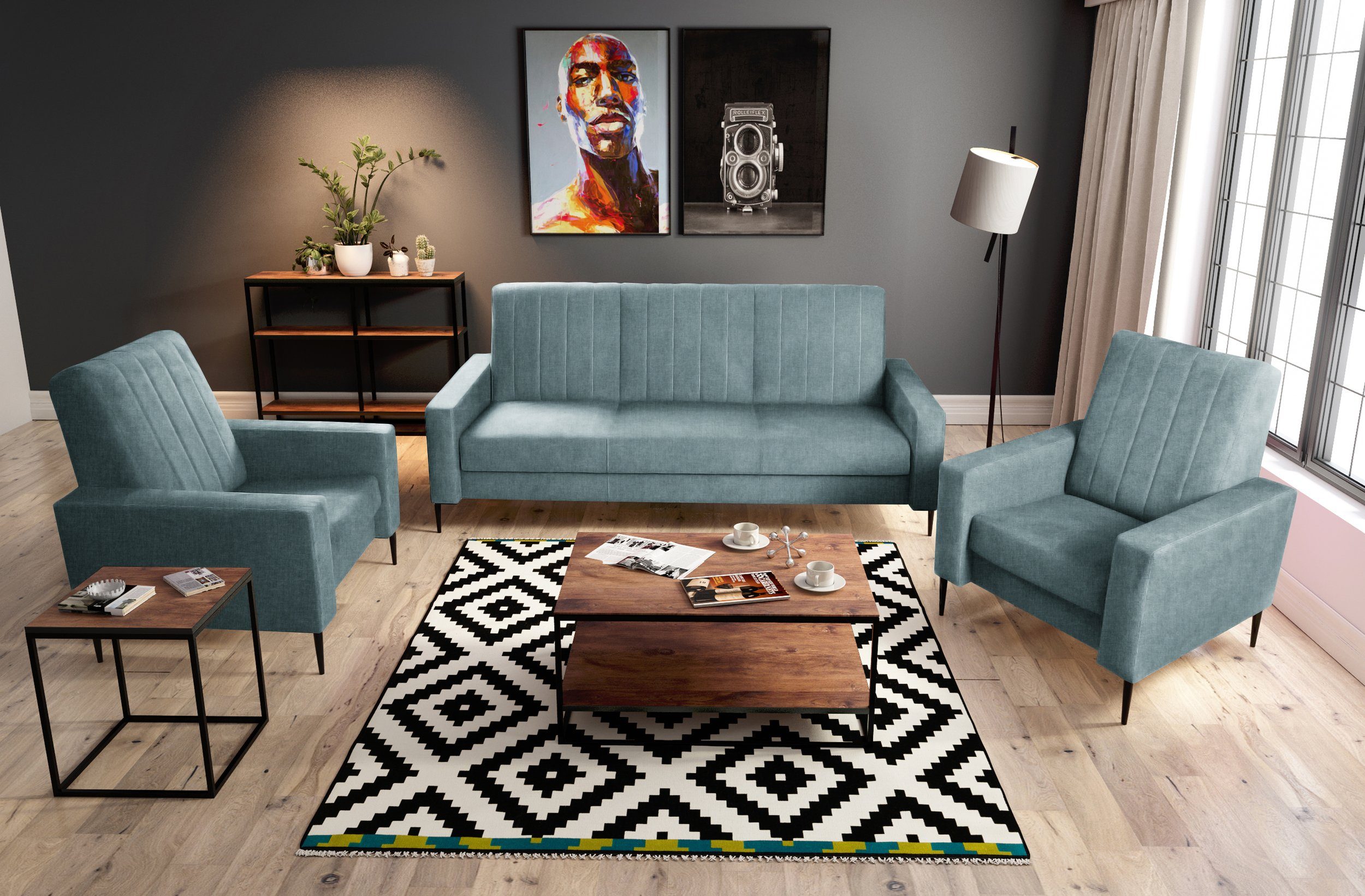 Stylefy Polstergarnitur Wellington, (Couchgarnitur, Set (3-tlg), bestehend  aus 3-Sitzer Sofa, 2xSessel, Metall, Modern Design, mit Steppung, frei im  Raum stellbar