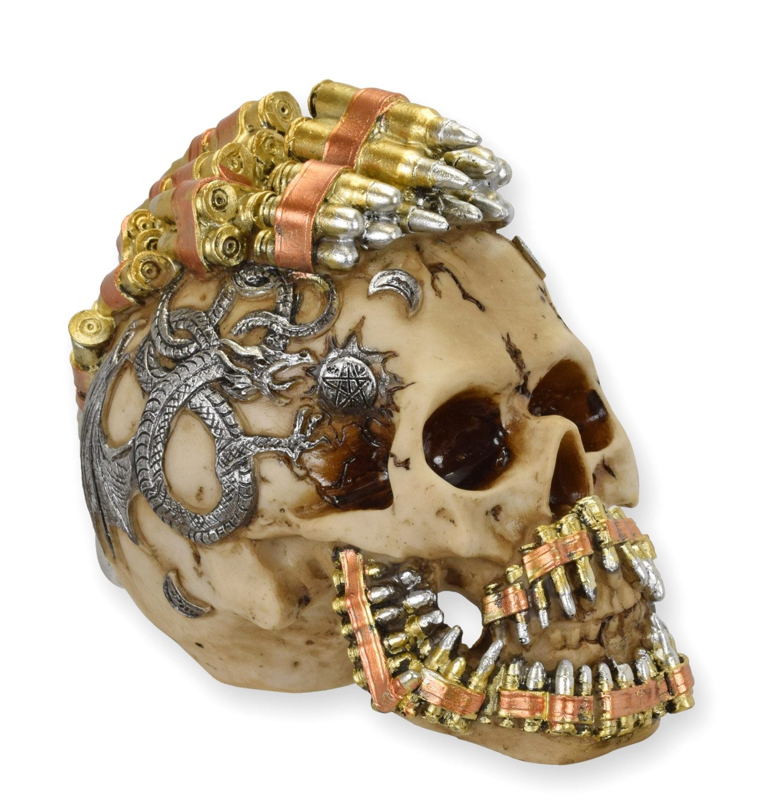 Dekoobjekt Steampunk Figur Totenkopf mit Kugelgürtel aus Kunstharz Replikat Retro
