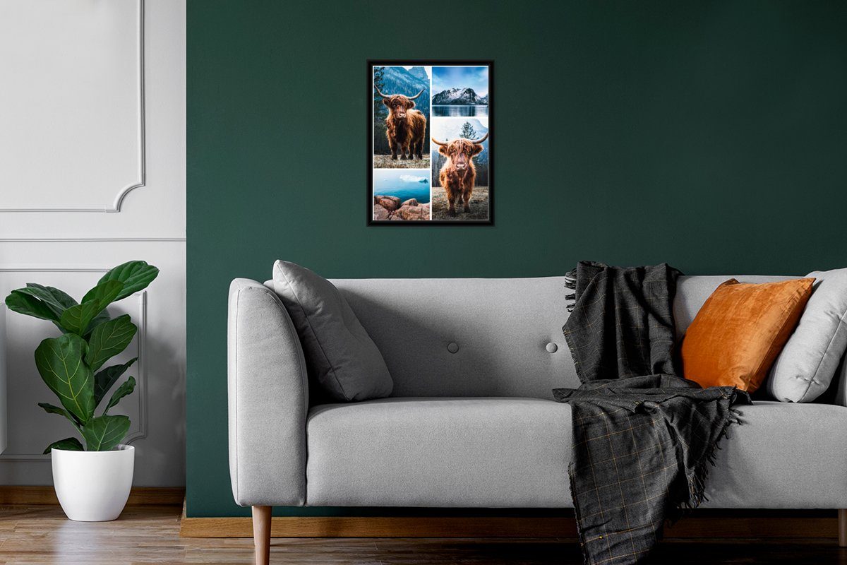 mit Collage, Highlander Gerahmtes Bilderrahmen Tiere Schwarzem Rahmen, (1 Poster, - - St), MuchoWow Kunstdruck, Schottischer Poster