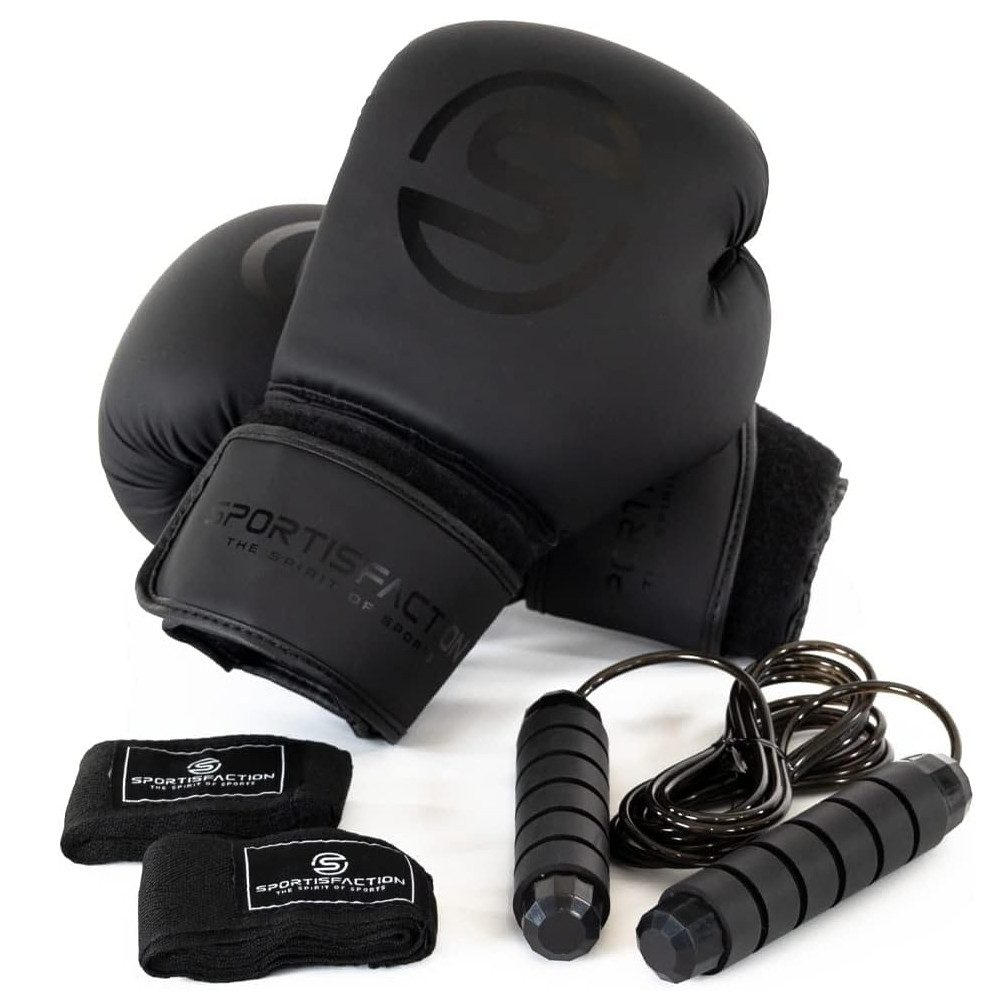 Sportisfaction Boxhandschuhe Boxhandschuhe 14oz Set inkl. Bandagen & Springseil Schwarz PU-Leder, Schweres Training & Sparring 90-110kg Maximale Dämpfung & Schutz