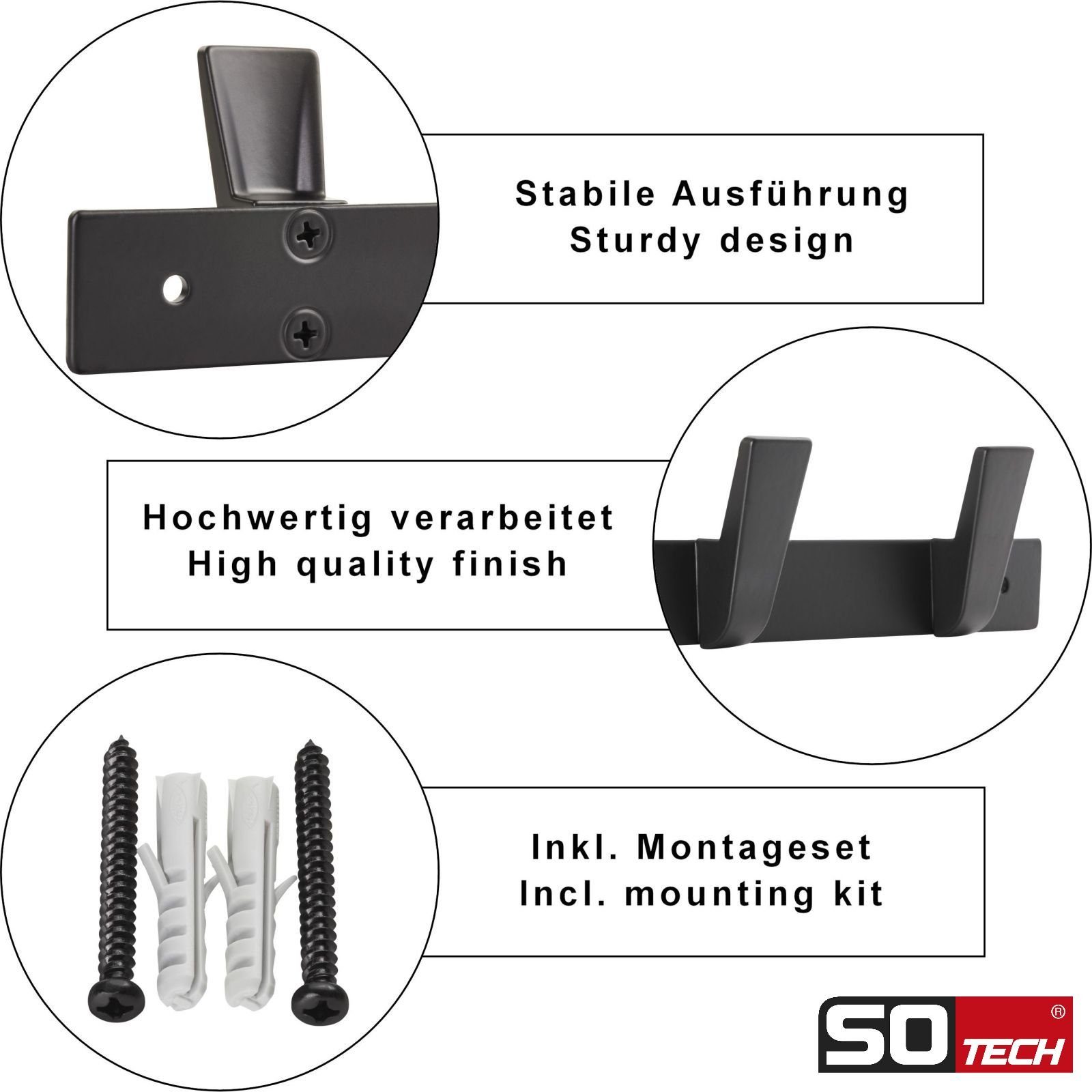 SO-TECH® Garderobenleiste Hakenleiste Blackline ALBUS schwarz pulverbeschichtet (1 St), Breite 257 mm mit 3 Haken, inkl. Befestigungsset