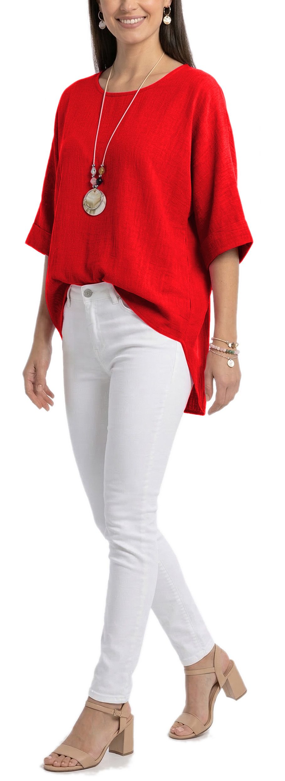 dy_mode Kurzarmbluse Damen Bluse Oversize Tunika Leichte Viskosebluse Oberteil Einfarbig in Unifarbe, High-Low Saum, mit passende Kette