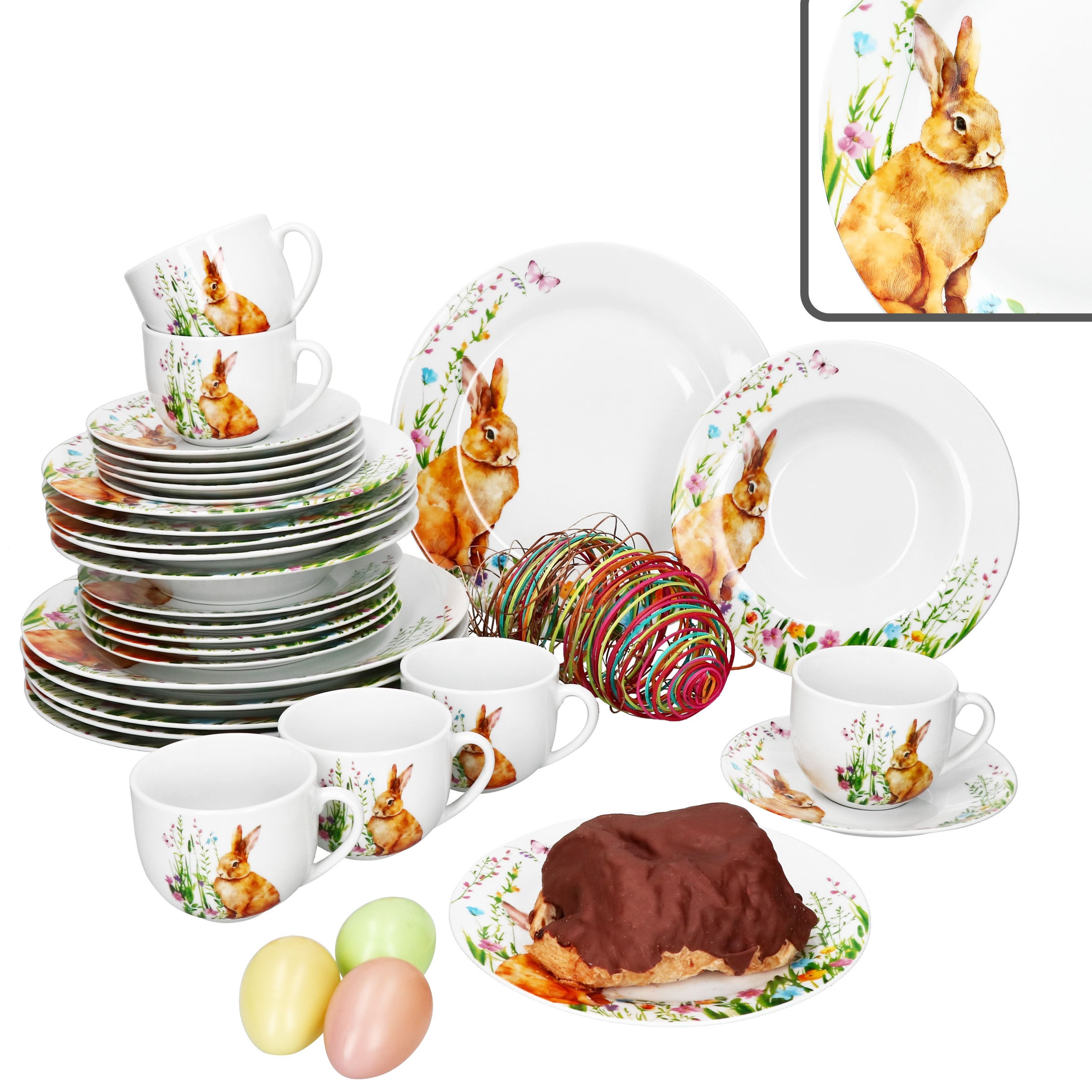 MamboCat Kombiservice 30tlg Kombiservice Osterfreude Tasse Untertasse Teller Hase, Porzellan