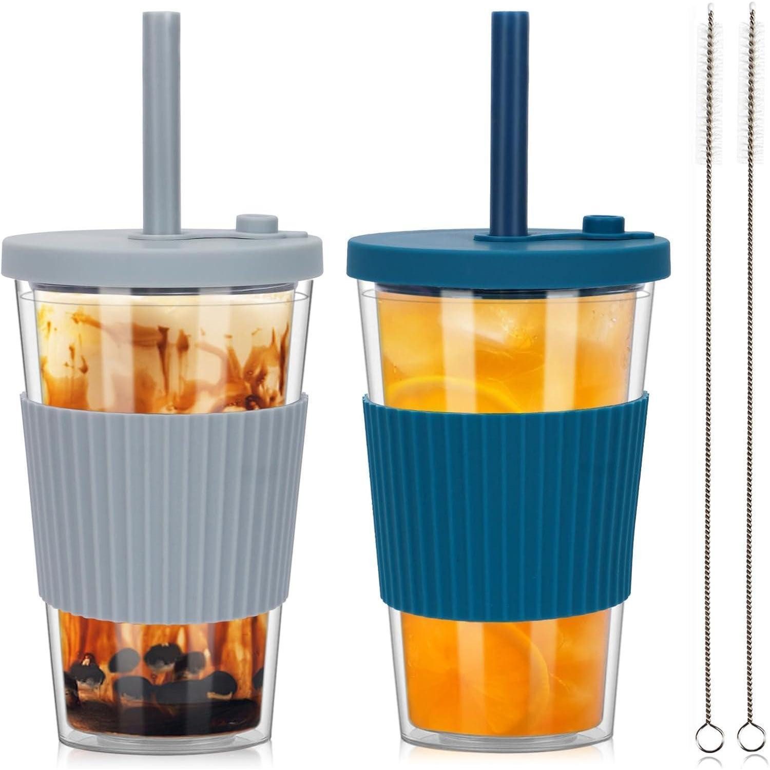 LuxusKollektion Tumbler-Glas Bubble Tea Becher 500ml mit Deckel Strohhalm 2er Set Grau Dunkel Blau