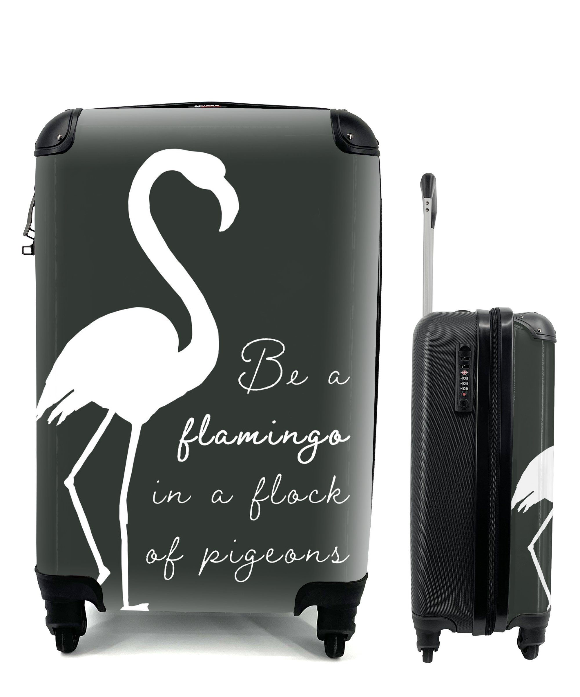 MuchoWow Handgepäckkoffer Zitat - Flamingo - Schwarz - Weiß, 4 Rollen, Reisetasche mit rollen, Handgepäck für Ferien, Trolley, Reisekoffer