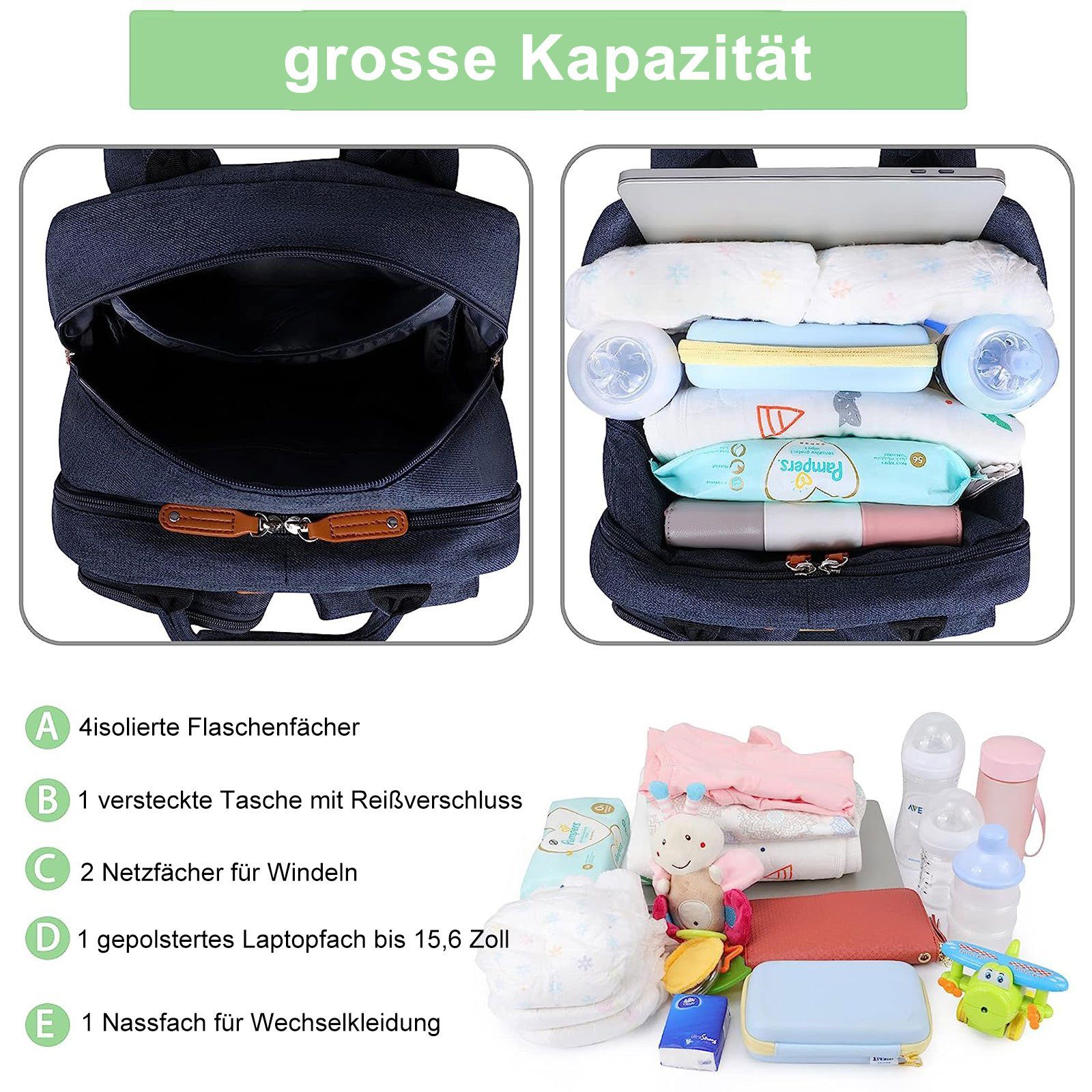 Wickelrucksack Babytasche, mobiler mit Multifunktions-Babytaschen Laptopfach), Baby Tasche Flaschenhalter, Rucksack WISHDOR mit mit Wärmeisolierte Mama unterwegs, Dunkelblau Wickeltasche Milchfläsche Kinderwagengurte Babyflasche Schnullerhalter Multifunktional, Wickelauflage tragbarer und Rucksack (Windeln für Papa