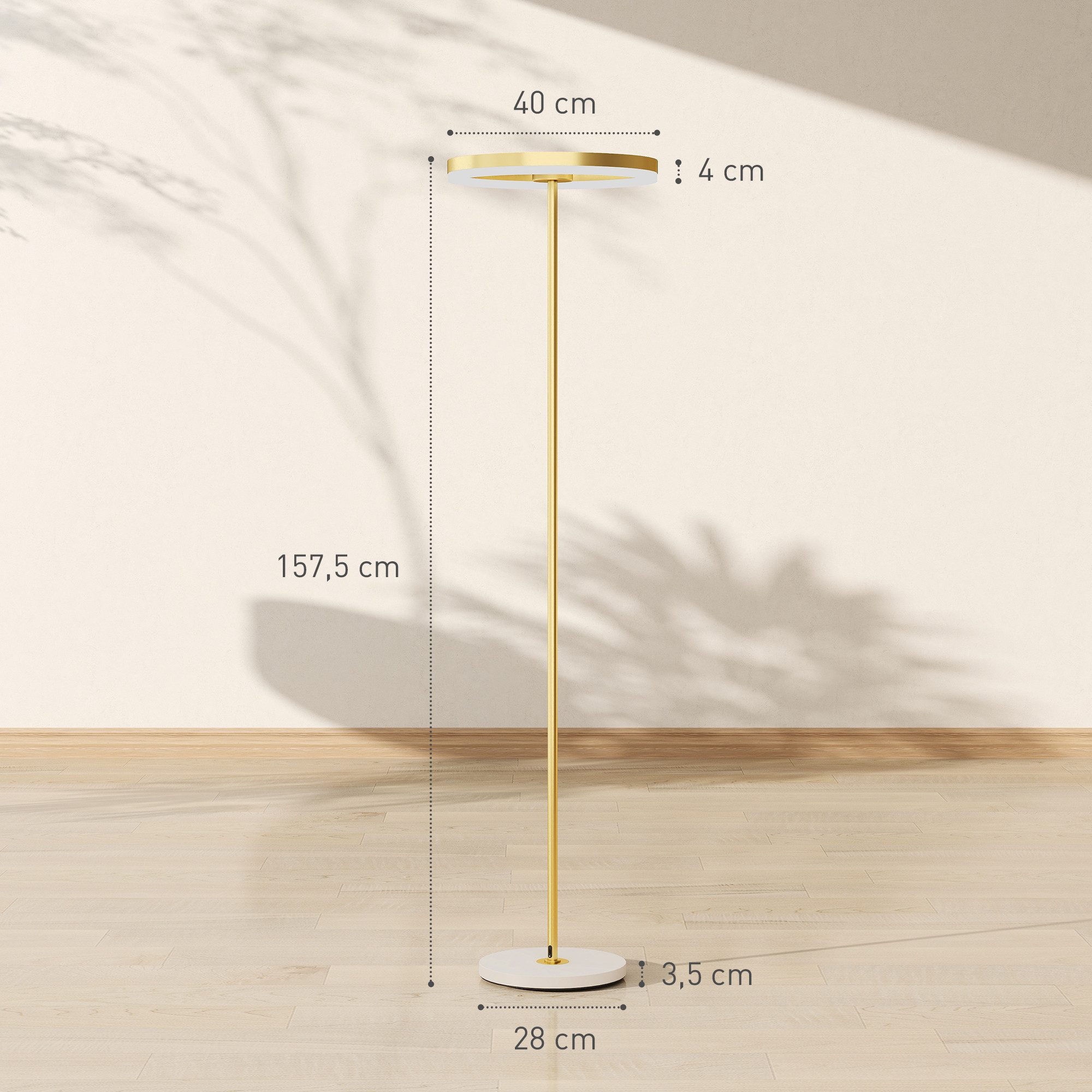 HOMCOM Stehlampe dimmbare Bodenlampe mit 3 Helligkeitsstufen, Fußschalter, LED, Wohnzimmer, Schlafzimmer, Gold