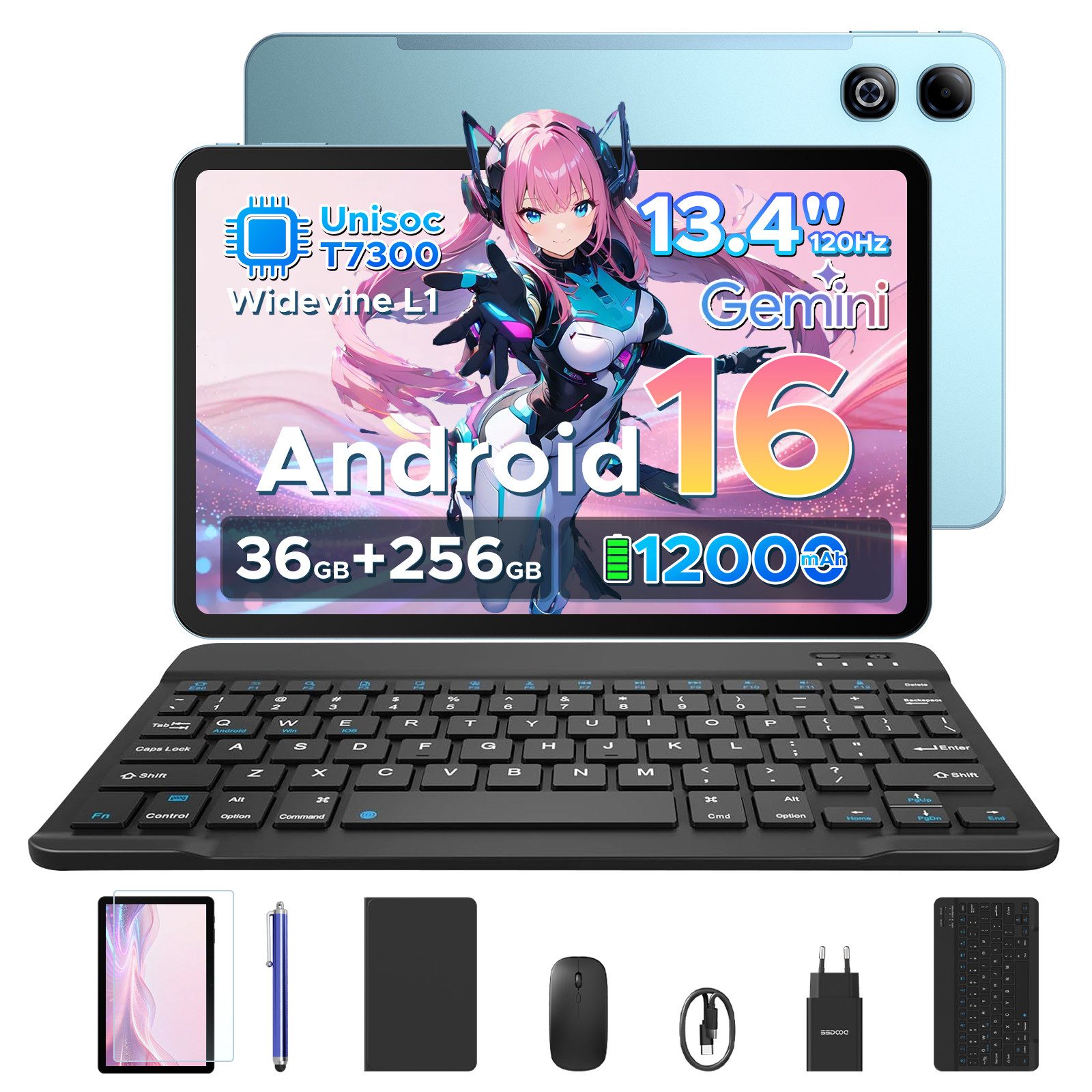 DOOGEE U13Pro Android 16 Tablet 13 Zoll mit Tastatur, Stift, 11000mAh, 120HZ Tablet (13.4", 256 GB, Android 16, Wifi, 36GB RAM (6+30GB erweitert)+ 256GB ROM, Gemini AI, 5G WiFi/Face ID/GPS)