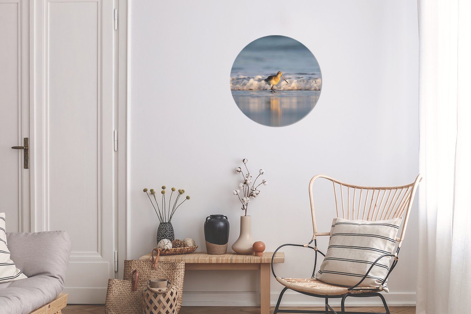 Wanddekoration Rundes Wohnzimmer, Forex, entlang der Wandbild, Kreis Rotschenkel MuchoWow St), 30x30 Küstenlinie, Gemälde (1 cm