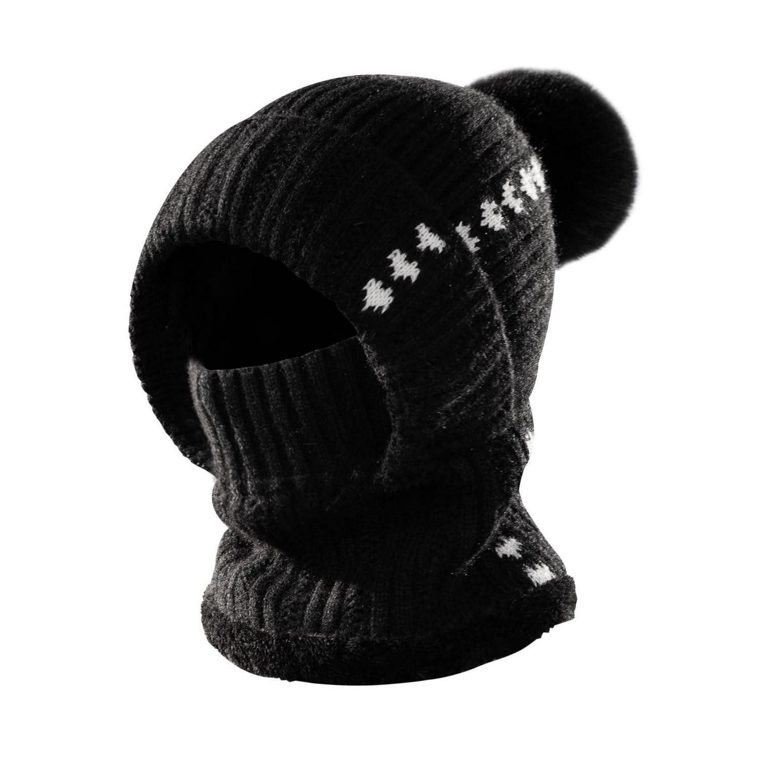 Sturmhaube Strickmütze Damen Beanie 3in1 Schal Kapuze Sturmhaube Schwarz