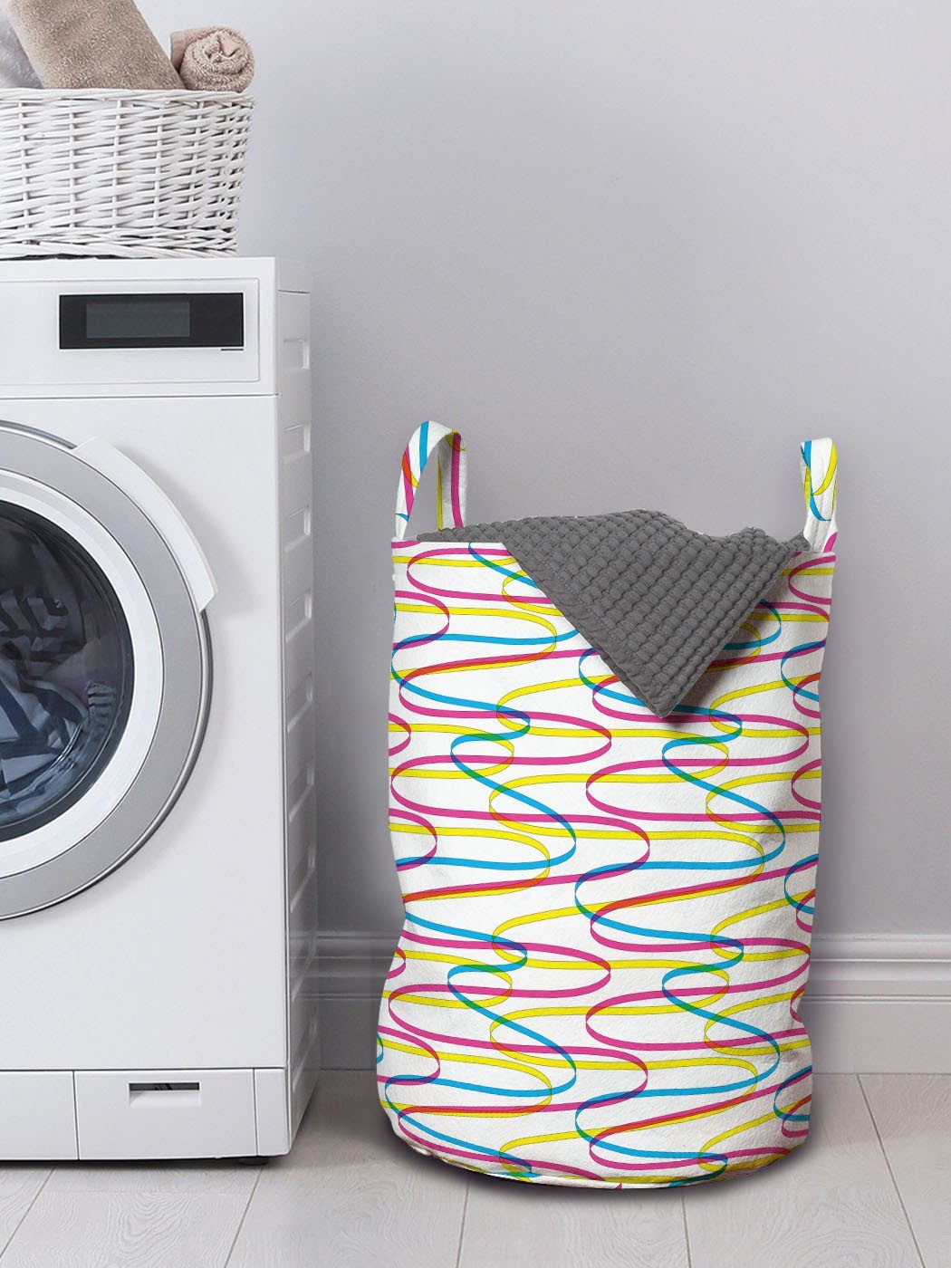 Bunt Muster Abakuhaus mit Gewellte für Wäschekorb Griffen Linien Wäschesäckchen Waschsalons, Kordelzugverschluss