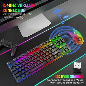 LexonElec RGB Regenbogen Hintergrundbeleuchtung Tastatur- und Maus-Set, Kabellosigkeit Fortschrittliche2,4GHz-Technologie,Ergonomisches Design