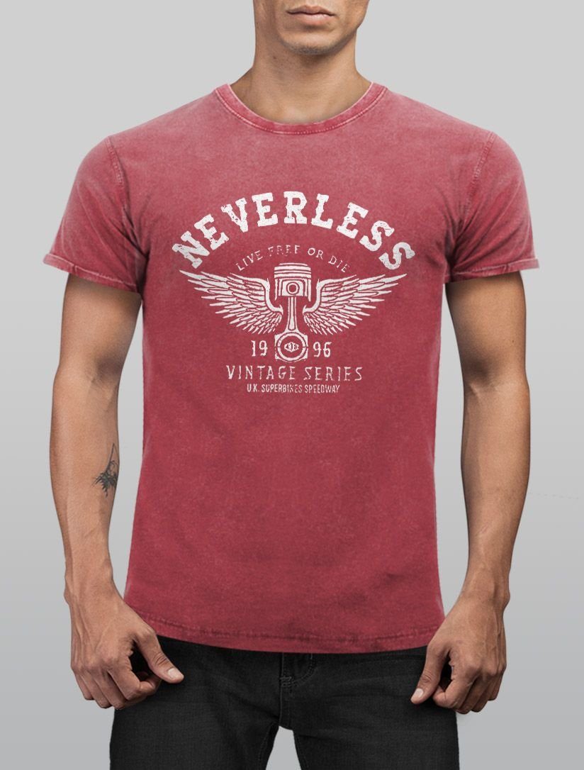Used Neverless Shirt Auto Angesagtes Fit T-Shirt Vintage Slim rot Print-Shirt Retro Kolben Neverless® Look Print mit Herren Cooles