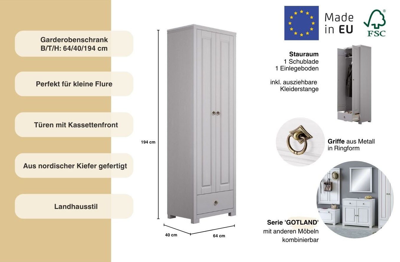 OTTO home Garderobenschrank Gotland, Drehtürenschrank, Garderobe aus massiver Kiefer, FSC®-zertifiziert, Höhe 193 cm