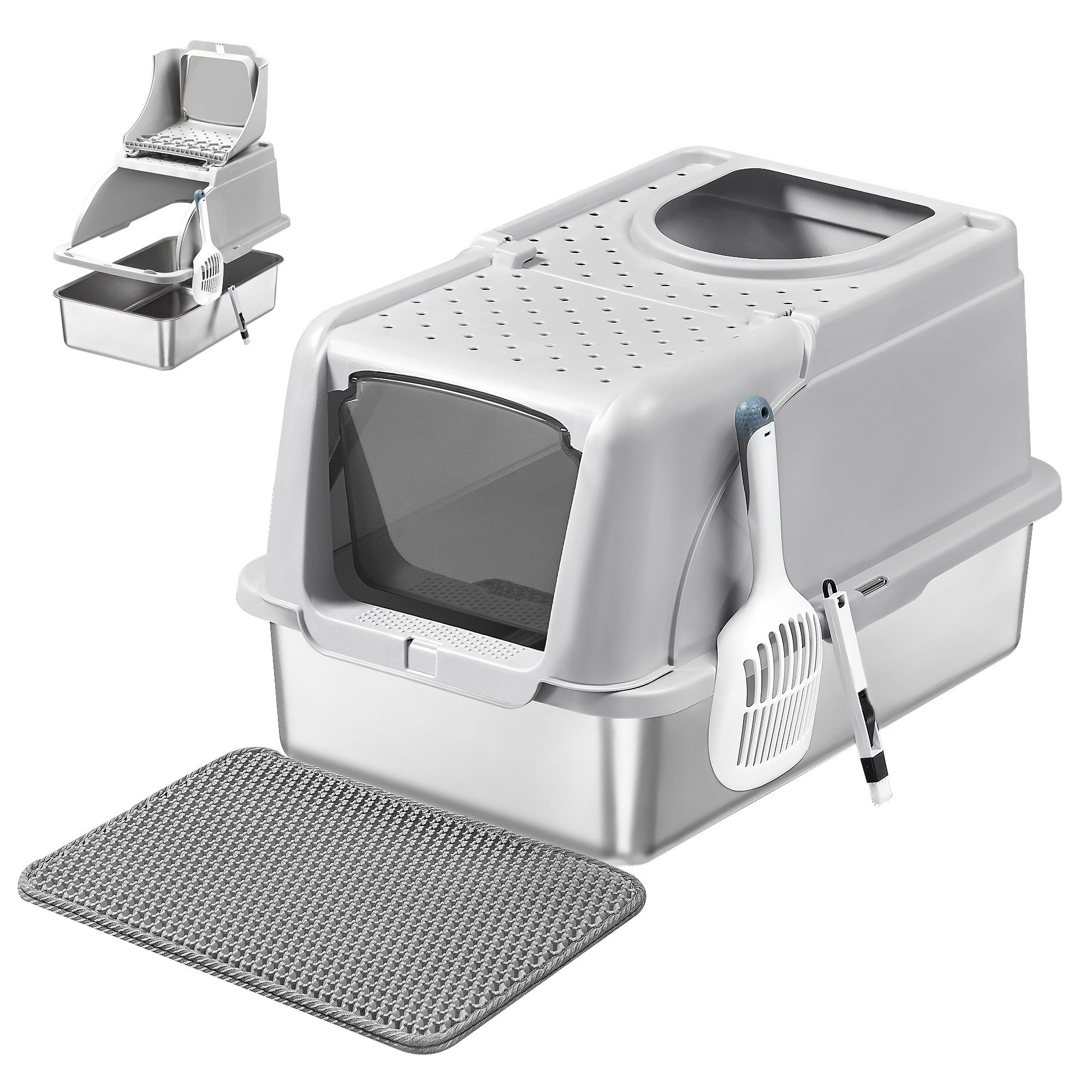 FEANDREA Katzentoilette Edelstahl, XL, mit Deckel, 2 Eingängen, für Katzen bis 15 kg