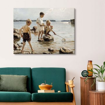 Posterlounge Leinwandbild Albert Edelfelt, Jungen, die am Ufer spielen, Badezimmer Maritim Malerei