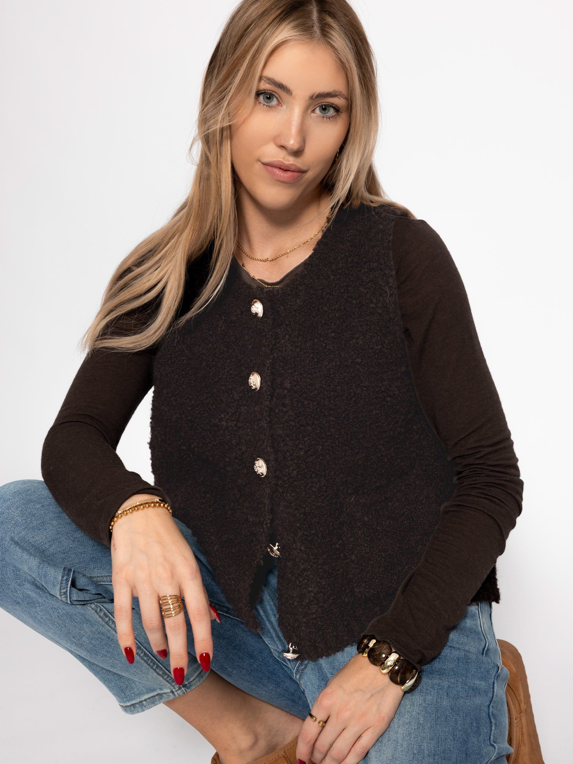 SASSYCLASSY Kurzweste Bouclé-Weste mit aufgesetzten Taschen für Damen Weiche Weste mit goldfarbenen Knöpfen Greige Rosa Schwarz