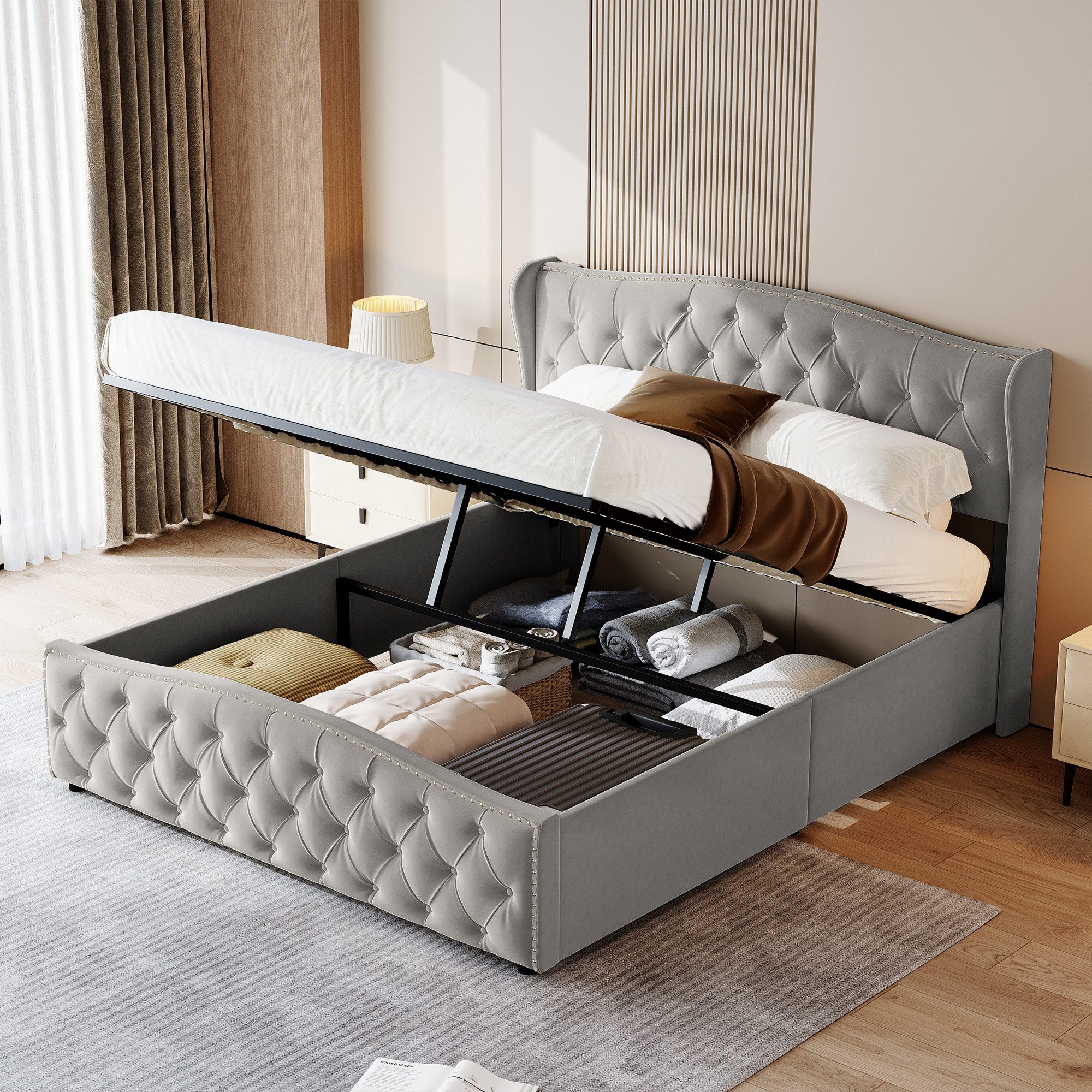 Yelenaro Polsterbett hydraulischer Stauraumbett mit Lattenrost, Doppelbett 140x200cm mit Kopfteil und Samtbezug Grau – Bild 2 von 5