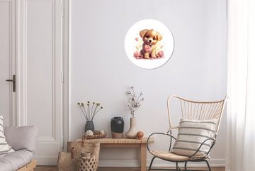 MuchoWow Wandsticker Hund - Blumen - Rosa - Mädchen - Kind (1 St), Tapetenkreis für Kinderzimmer, Tapetenaufkleber, Rund, Wohnzimmer